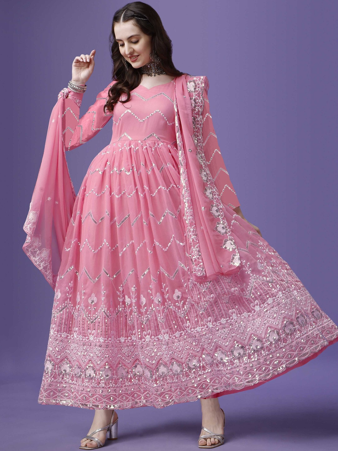 ATOXIC Women Embroidered Georgette Stitched Anarkali Gown Ethnic Dress with duppta