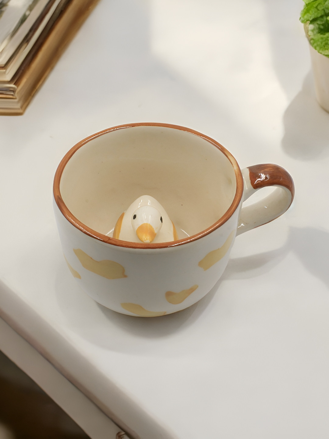 The Pottery Muse White & Yellow Animal Printed Ceramic Glossy Mugs 250ml