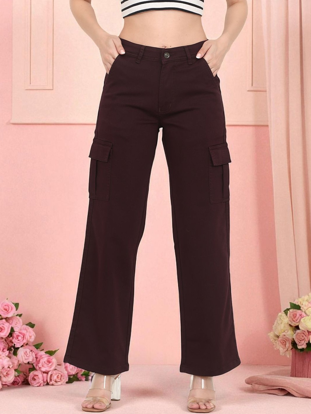 DressBerry Women Wine Solid Cotton Super Straight Fit High-Rise Stretchable Jeans