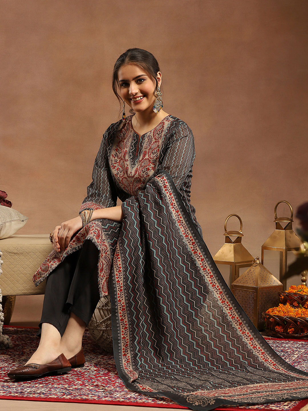 Nayam By Lakshita Women Chanderi Chevron Kurta Set with Swarovski Detailing