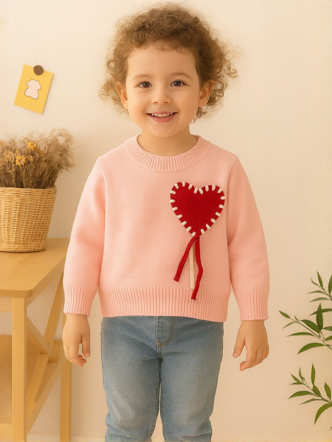 YK Girls Heart Patchwork Crew Neck Pullover