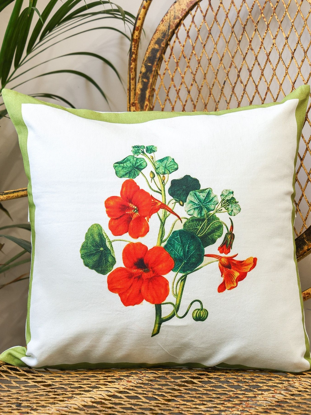 Sangria Red & Green Floral Printed Cotton Square Cushion Cover 40 cm 40 cm