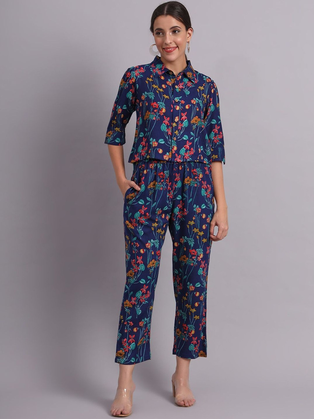 Sangria Women Blue Viscose Rayon Shirt Collar Floral Printed Co-Ords