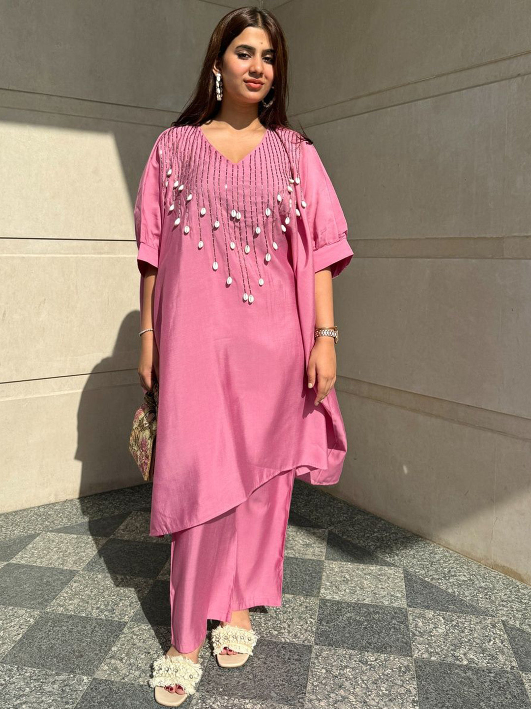 Blooming Tales Pink Embroidered V-Neck Cotton Tunic With Trouser