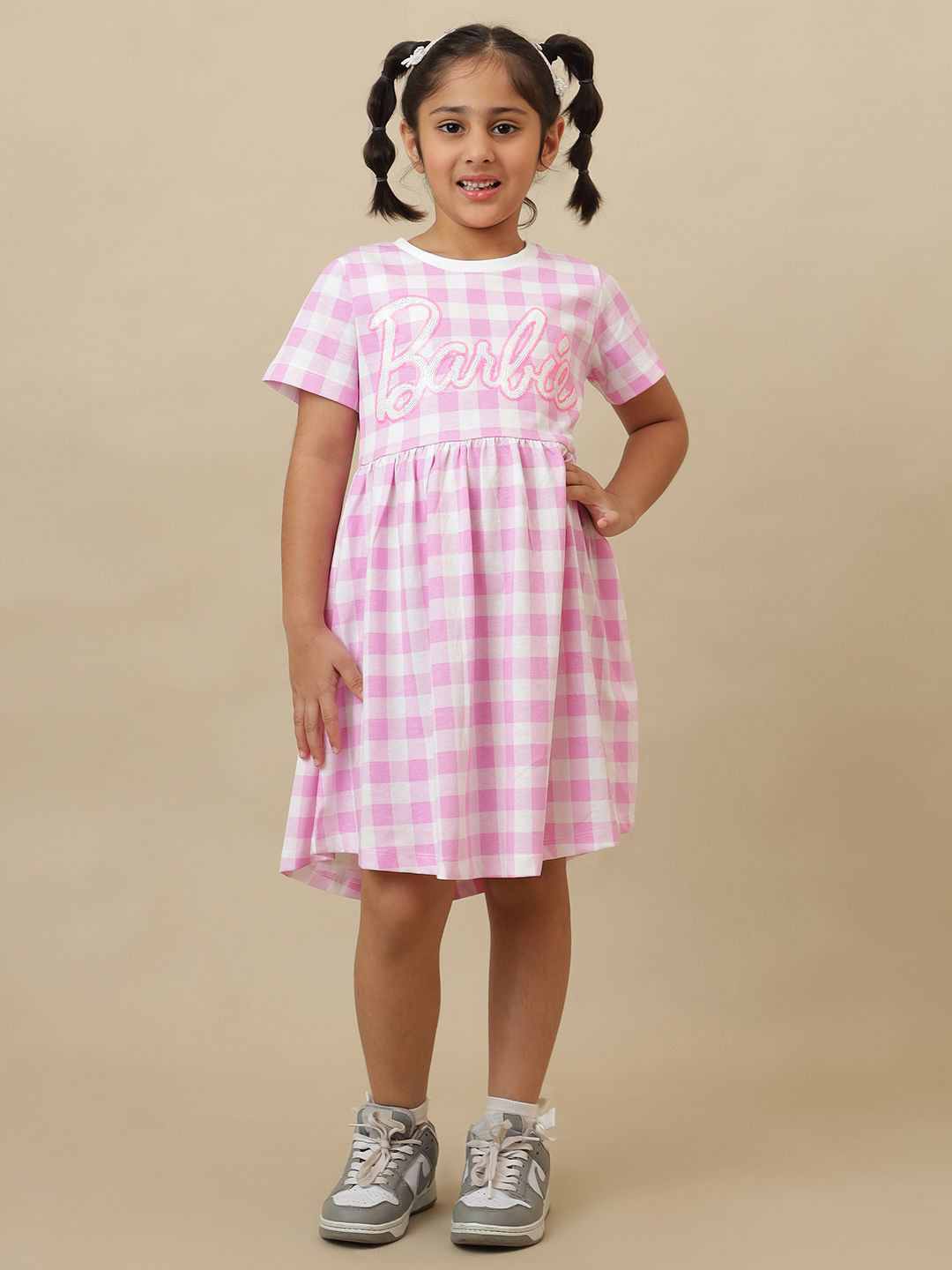 Kids Ville Girls Pure Cotton Checked & Barbie Printed Fit And Flare Knee Length Dress