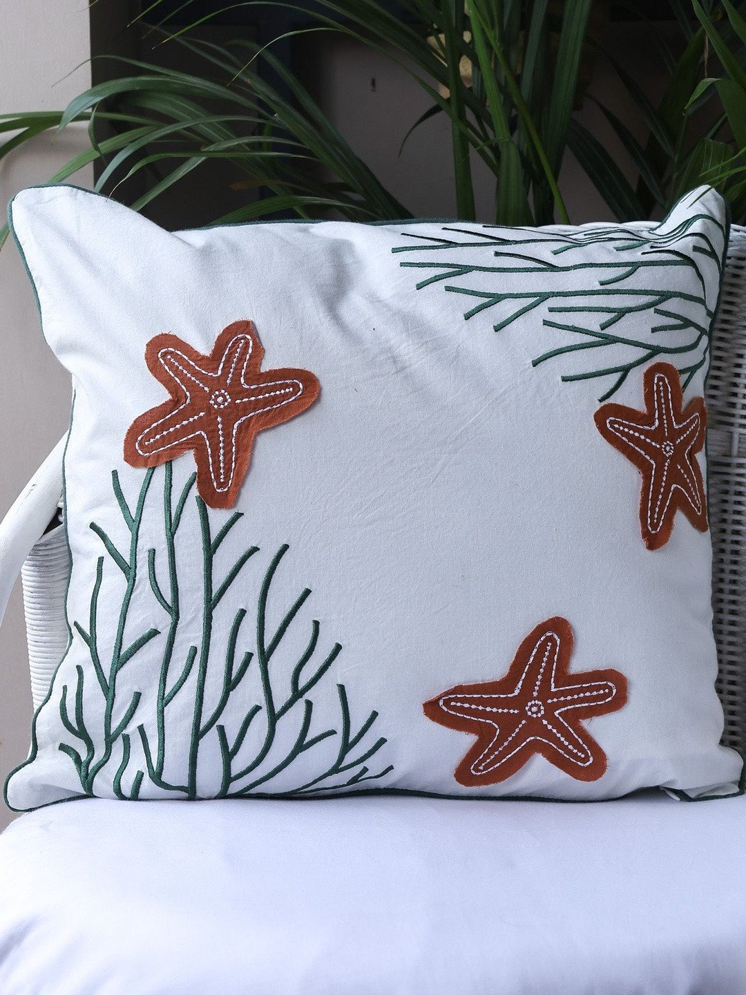 Sangria Beachy Vibes White & Brown Floral Embroidered Square Cushion Covers