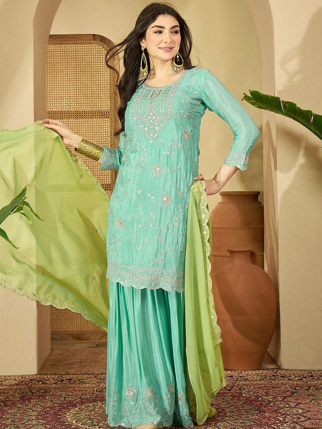 Sangria Sequence Embroidered Kurta With Sharara & Dupatta