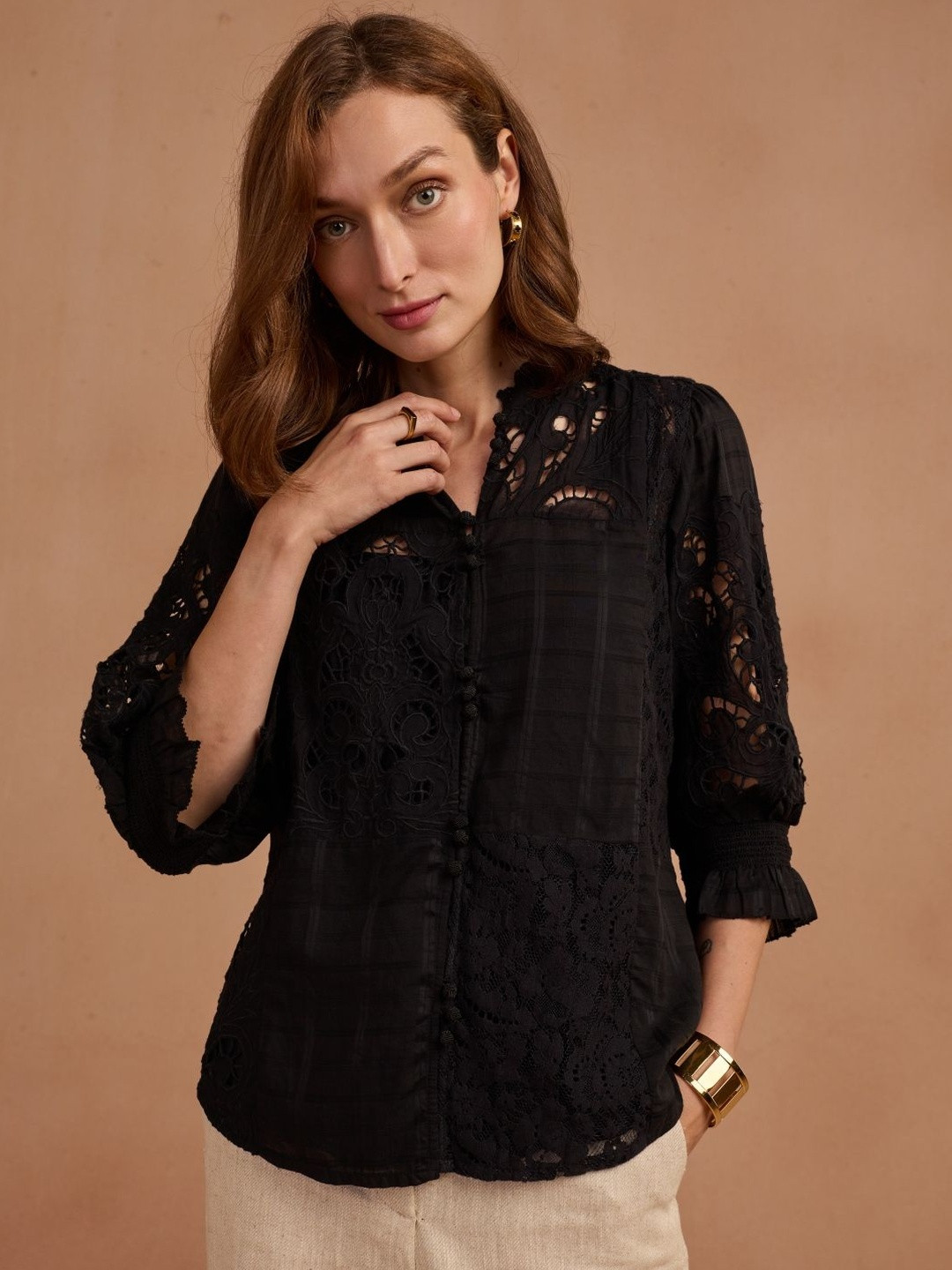 Style Island Solid Embroidered Mandarin Collar Shirt Style Top