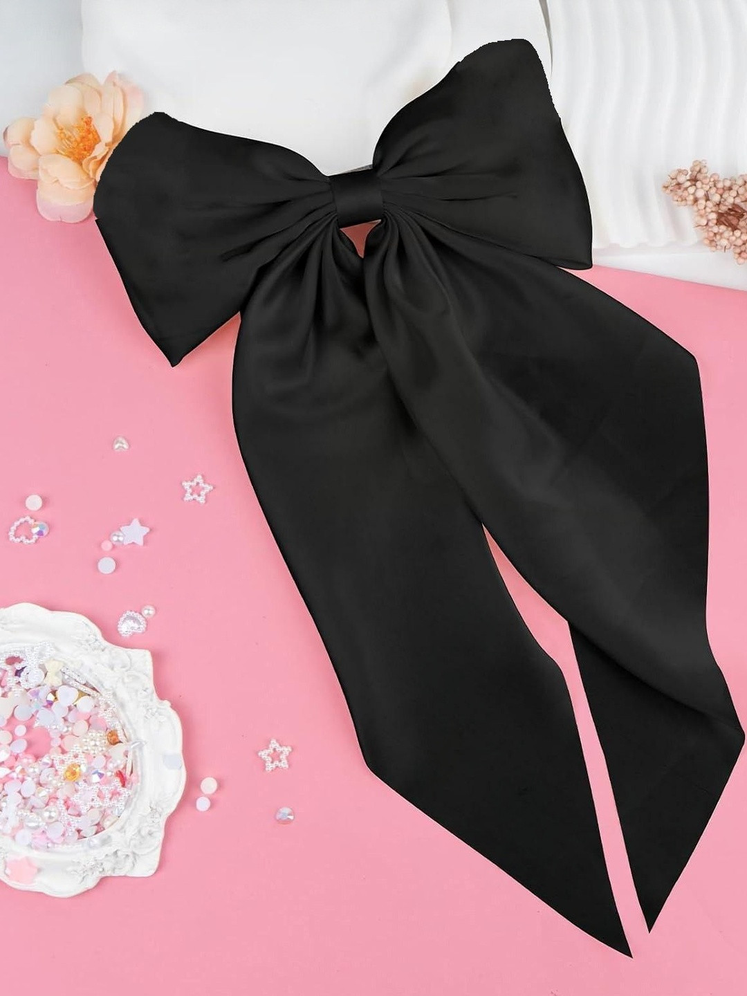 DIVASTRI Women Black Satin Ribbon Hair Bow Clip