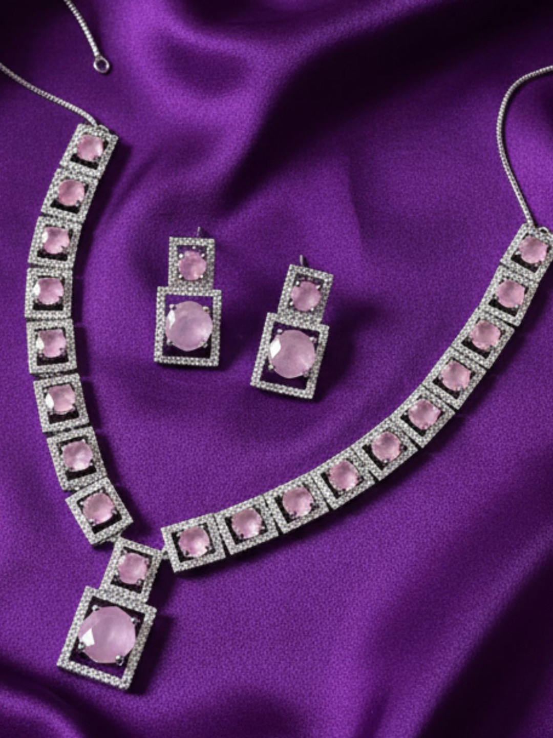 shringaar by neha Women Peach Silver-Plated American Diamond Party Jewellery Set