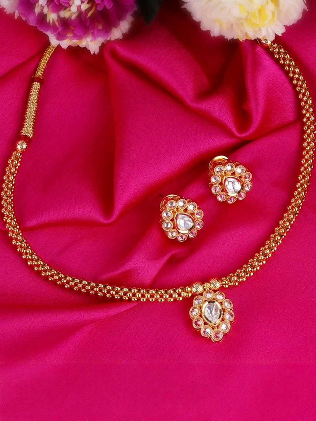 Saloni Fashion Jewellery Oval Shape Golden Balls White Stone Gold Plated Necklace Set