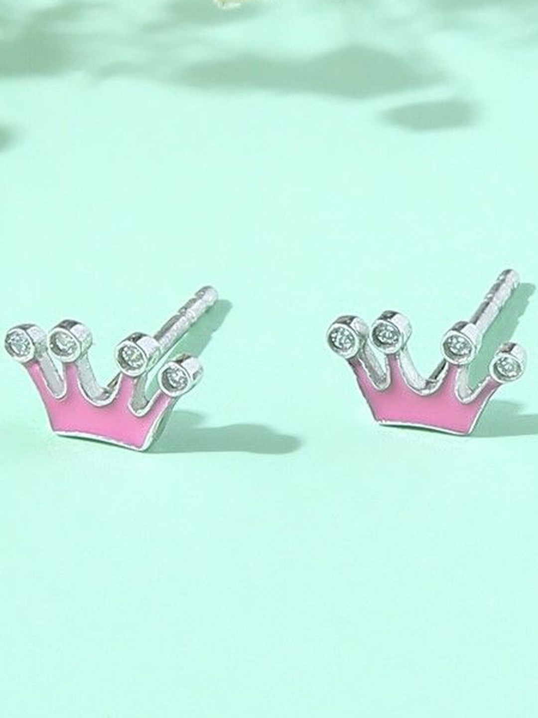 ShimmerTots 925 Sterling Silver Rhodium-Plated Pink Crown Studded Studs