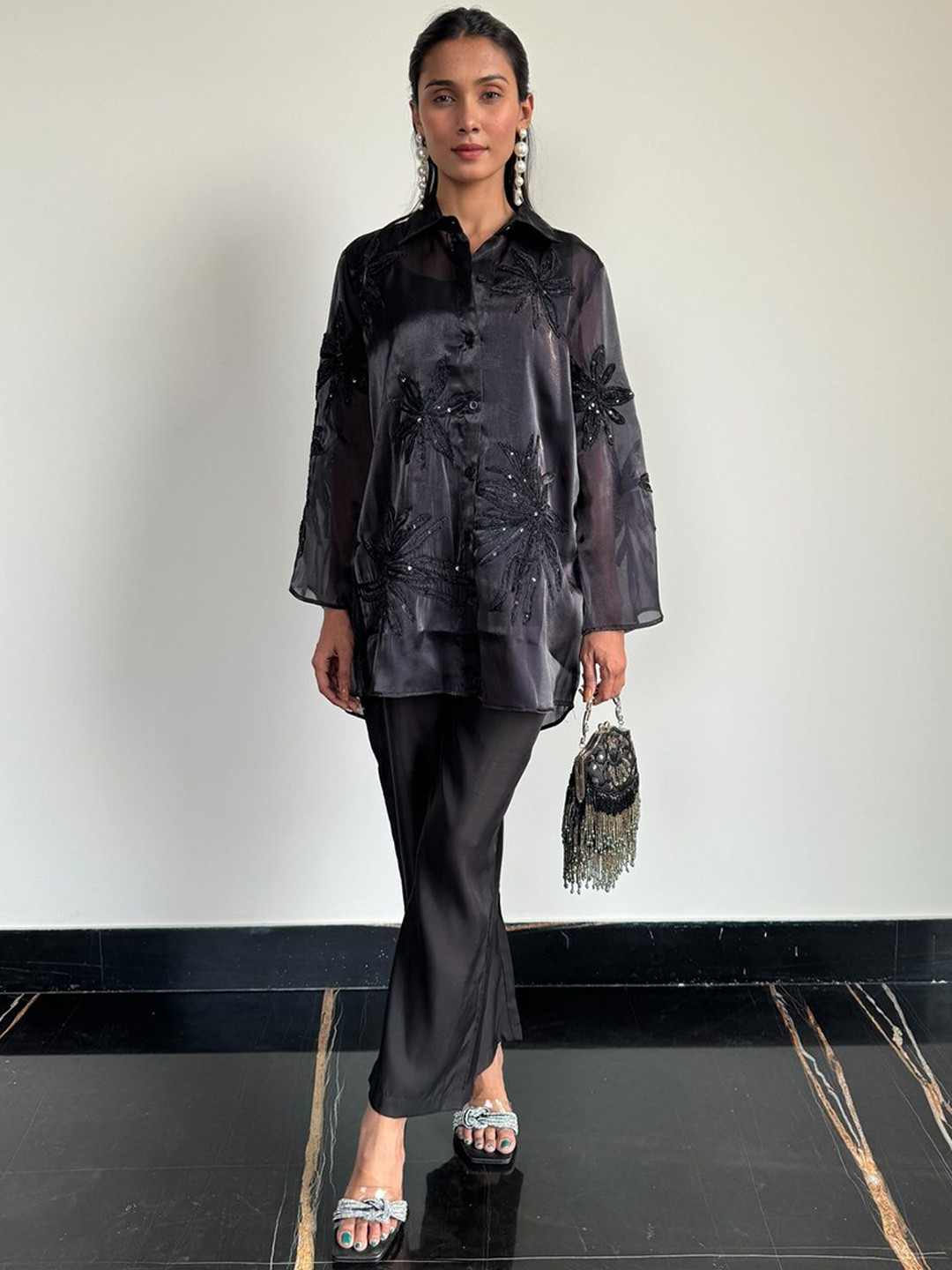 Blooming Tales Embroidered Organza Shirt With Trousers