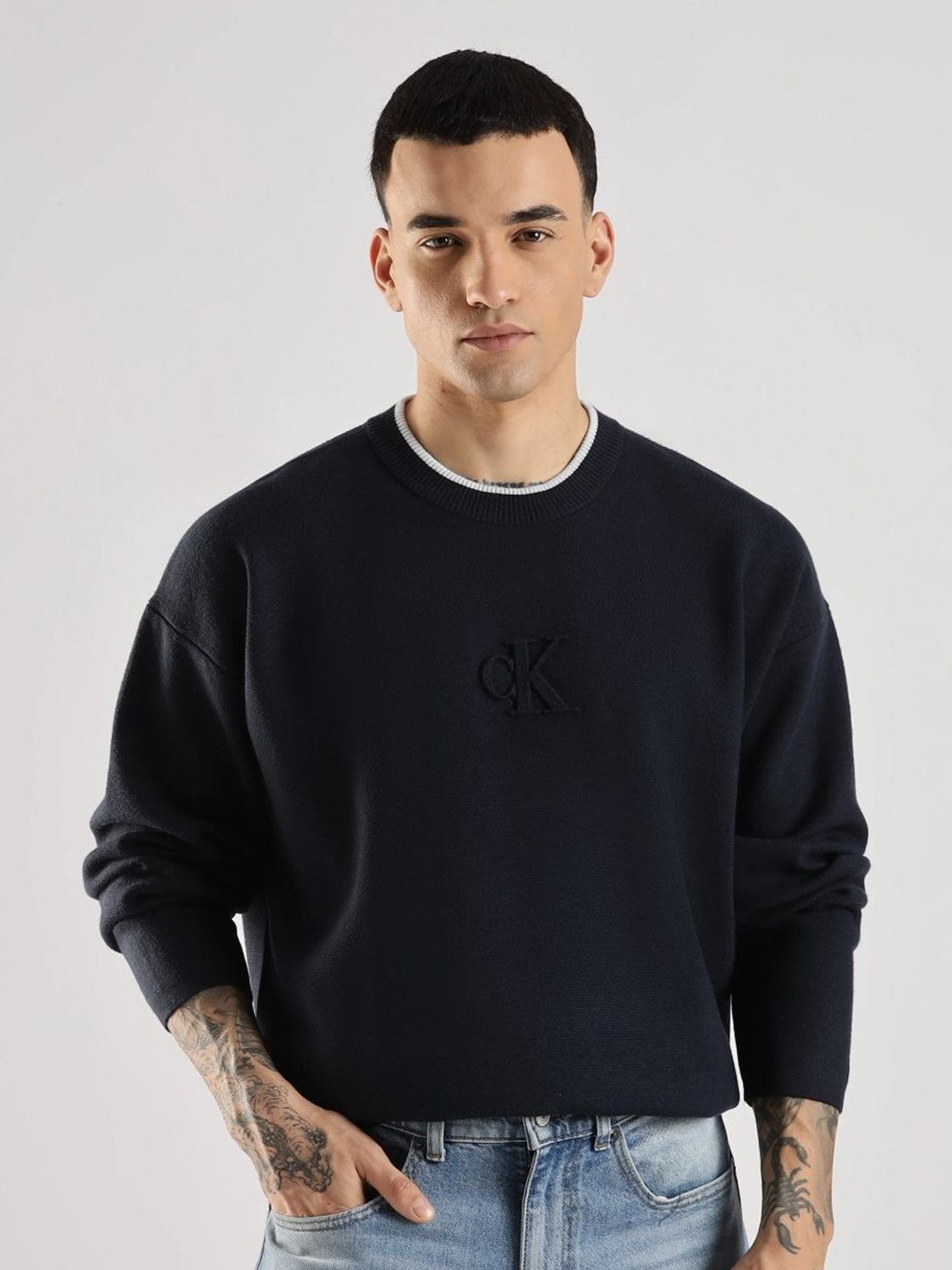 Calvin Klein Jeans Men Brand Logo Solid Pullover Sweater