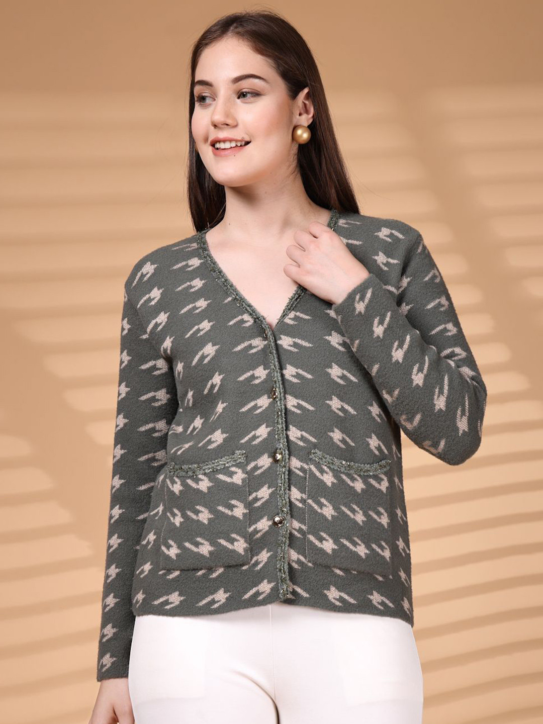 R.Code by The Roadster Life Co. Women Printed Woollen Cardigan
