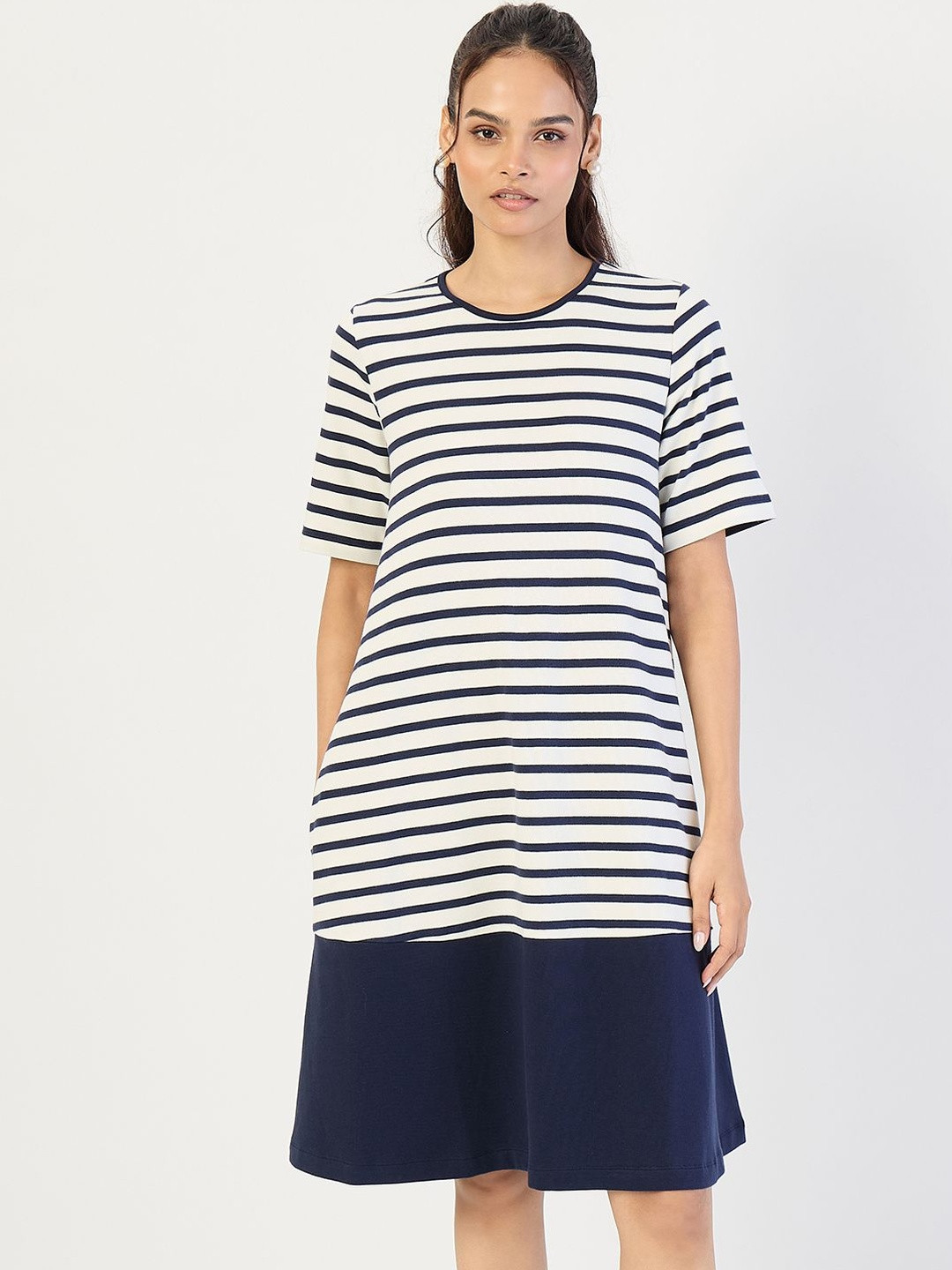 FEMMELLA Women Striped Round Neck Cotton Shift Dress