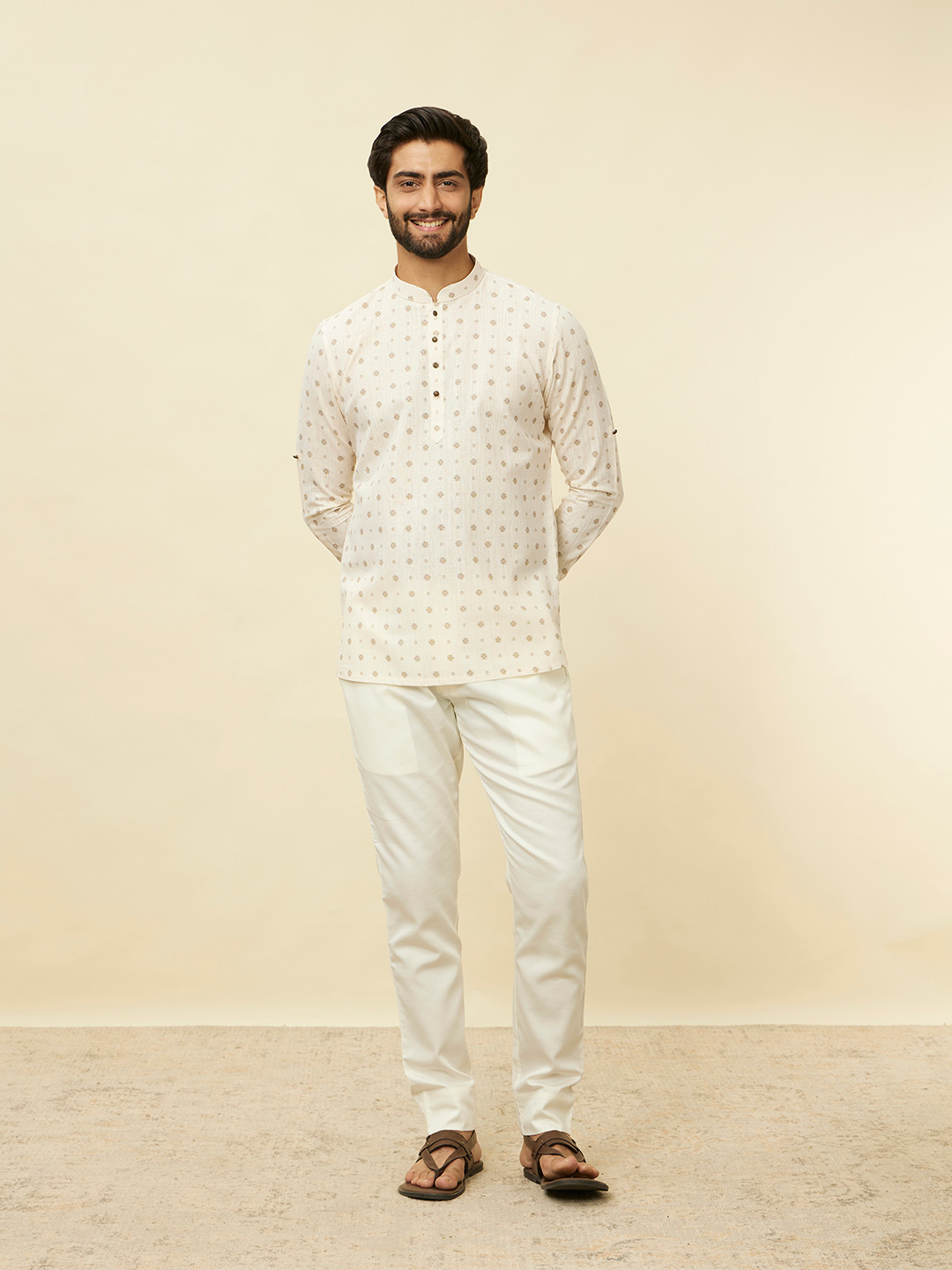 Manyavar Men Beige Printed Short Kurta