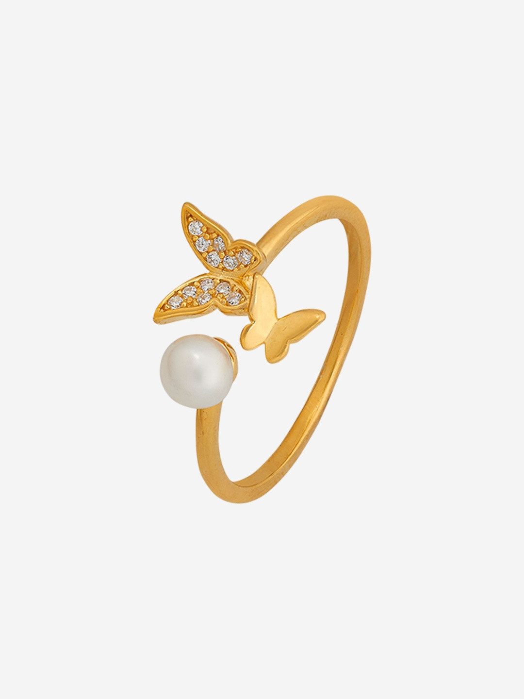 Kushal's Fashion Jewellery 92.5 Sterling Silver Gold-Plated Zircon & Pearl Finger Ring