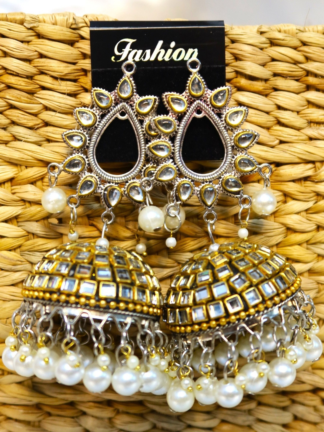 PALAK SAXENA Artificial Stones Studded & Beaded Teardrop Shaped Jhumkas