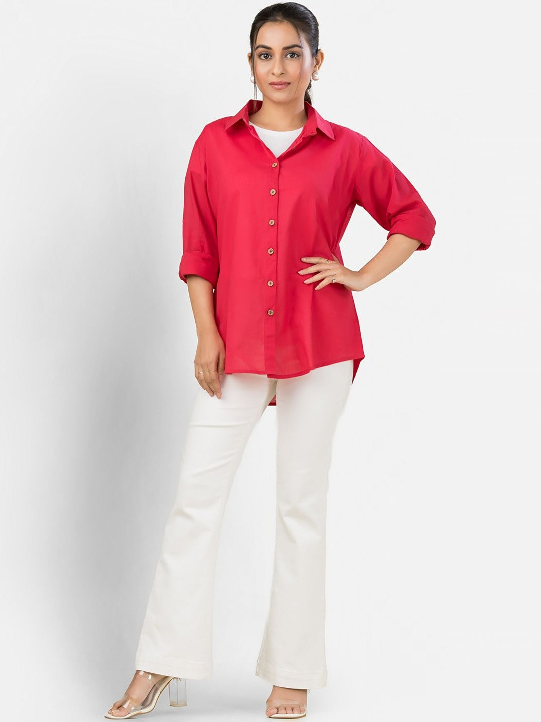 Crazy Needle Women Roll-Up Sleeves Cotton Shirt Style Top