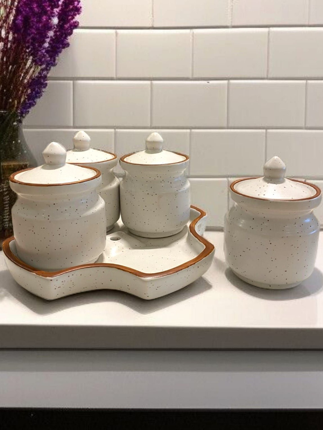 Artisans Bazar White & Brown 5 Pcs Ceramic Jar Set With Lids & Holding Tray