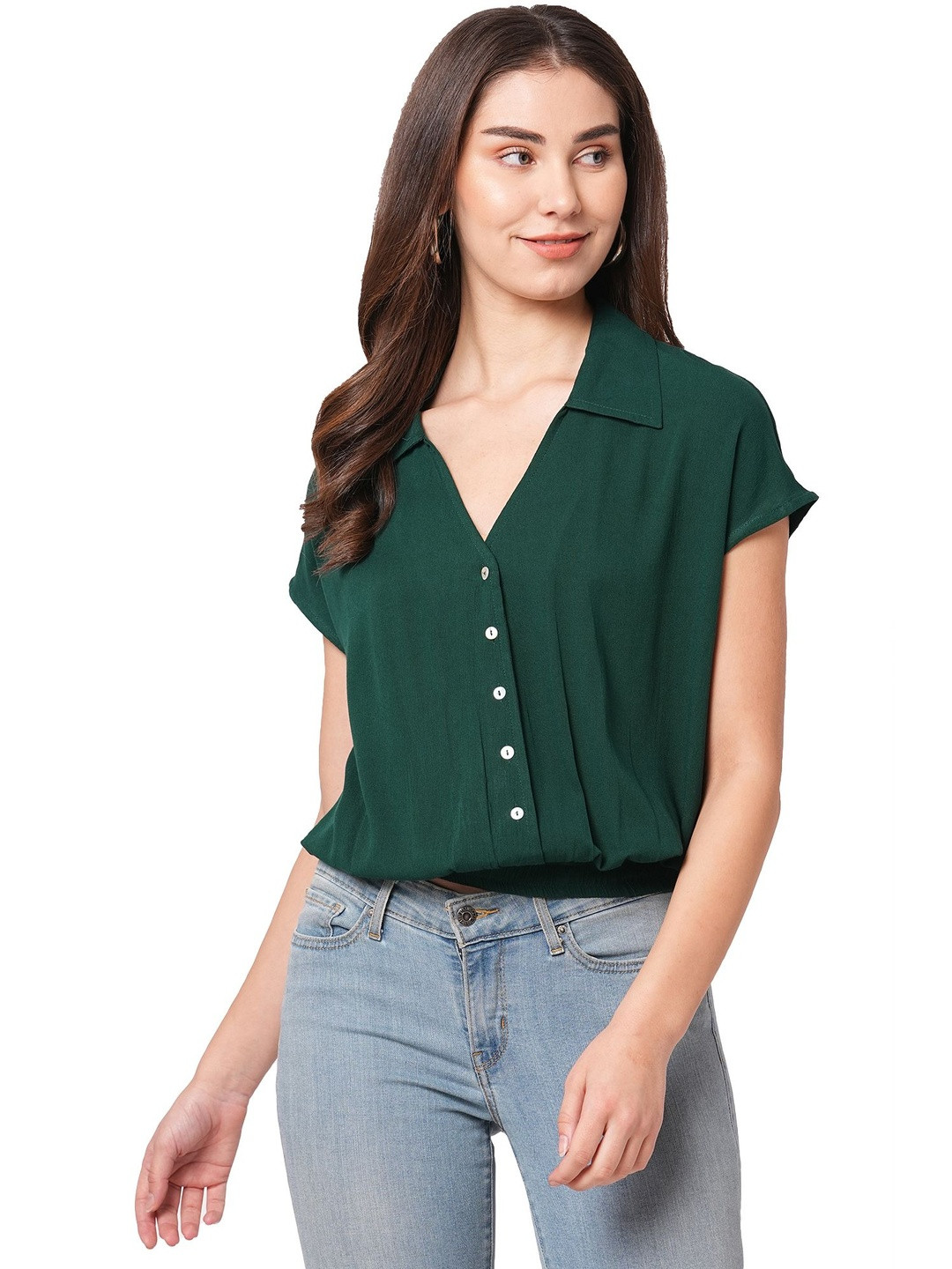 G0-4 IT Women Spread Collar Cap Sleeves Chiffon Shirt Style Top