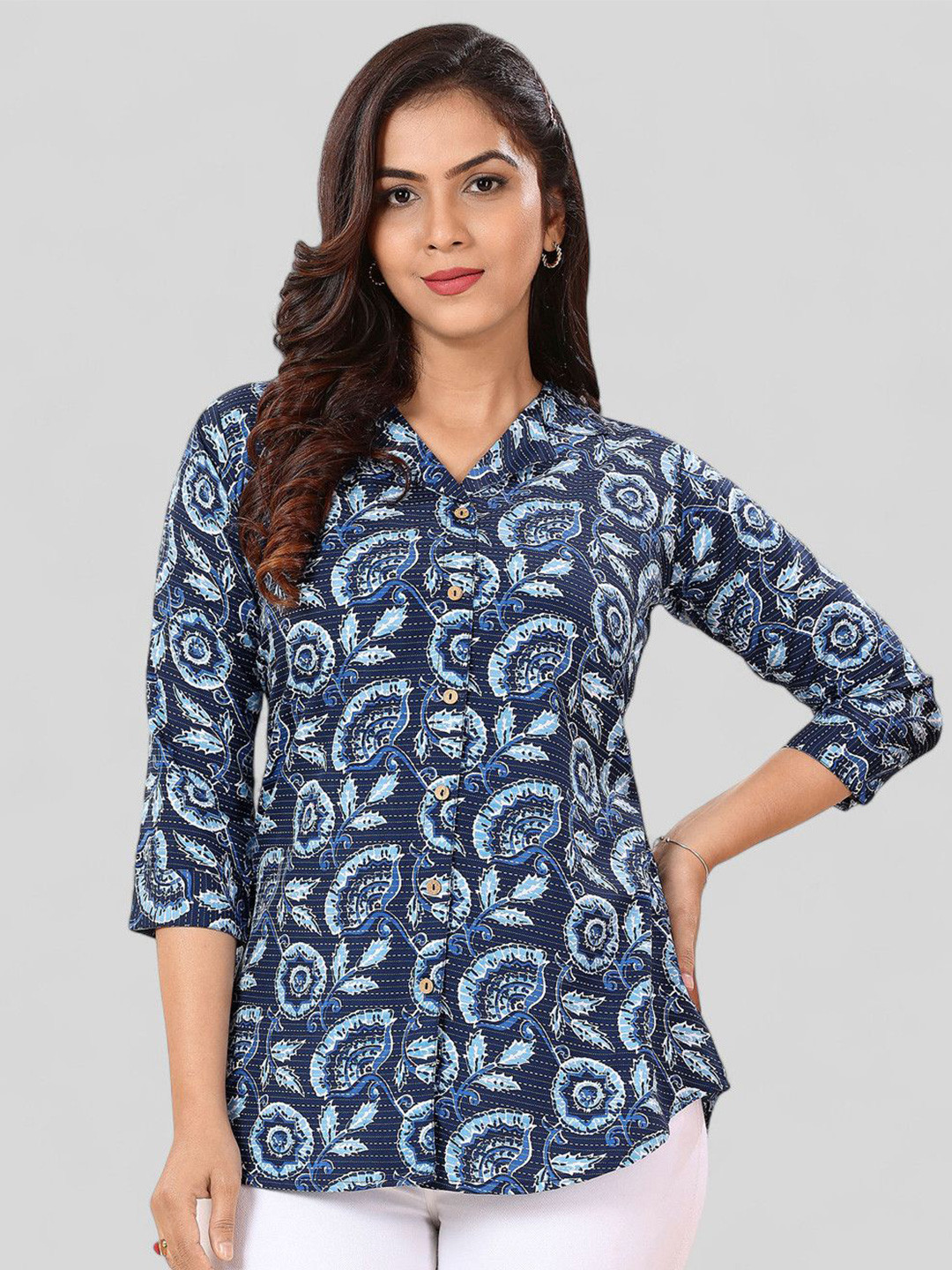 Saree Swarg Shirt Collar Floral Printed Ethnic Tunic
