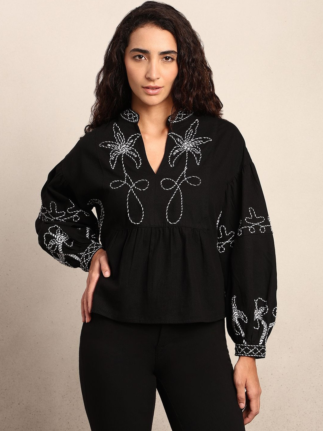 Vero Moda VM PANSY LS TOP IN Women Floral Embroidered Puff Sleeves Bohemian Cotton Top