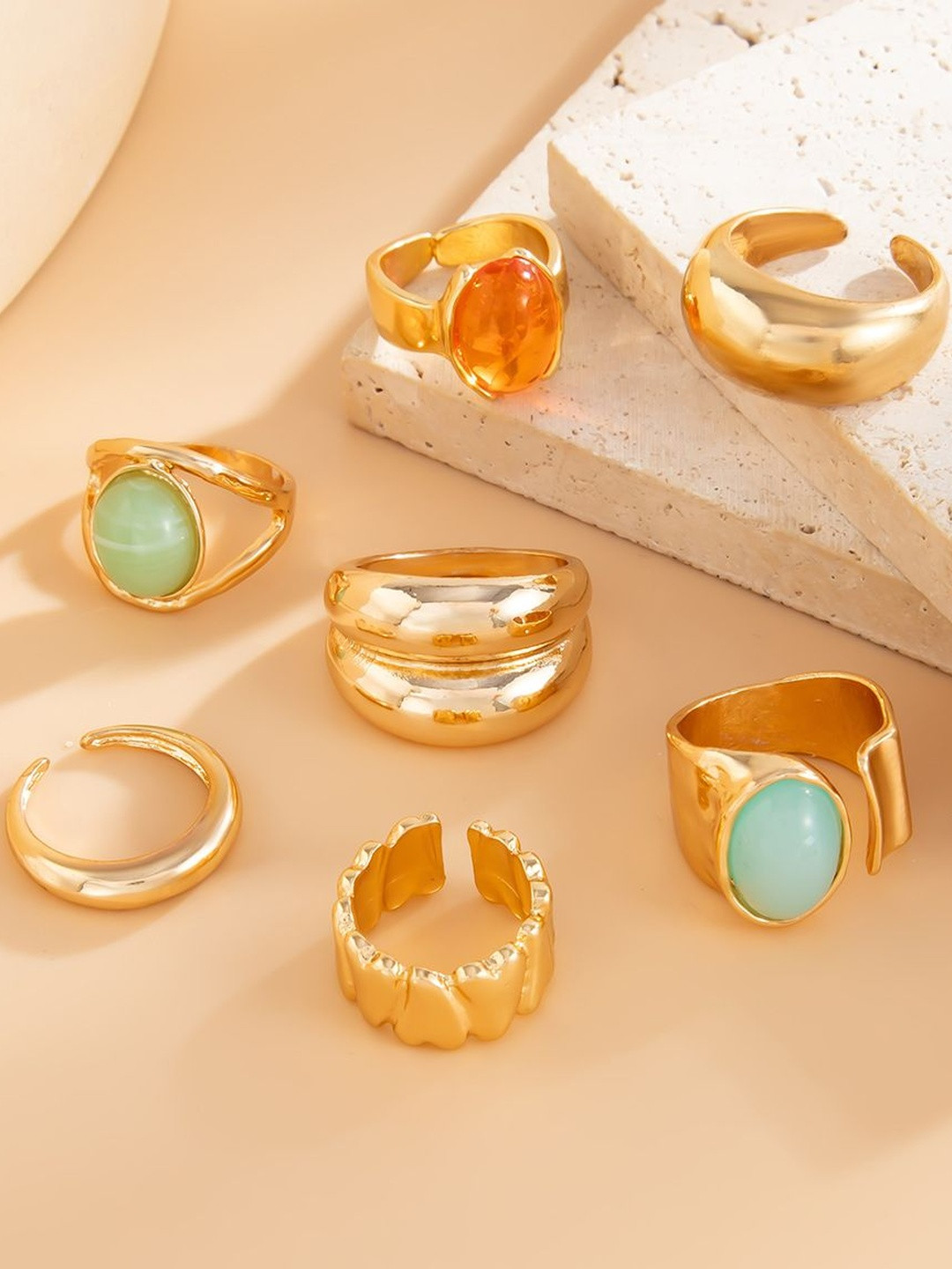StyleCast x Revolte Women Set Of 7 Gold-Plated Stones Studded Adjustable Finger Rings