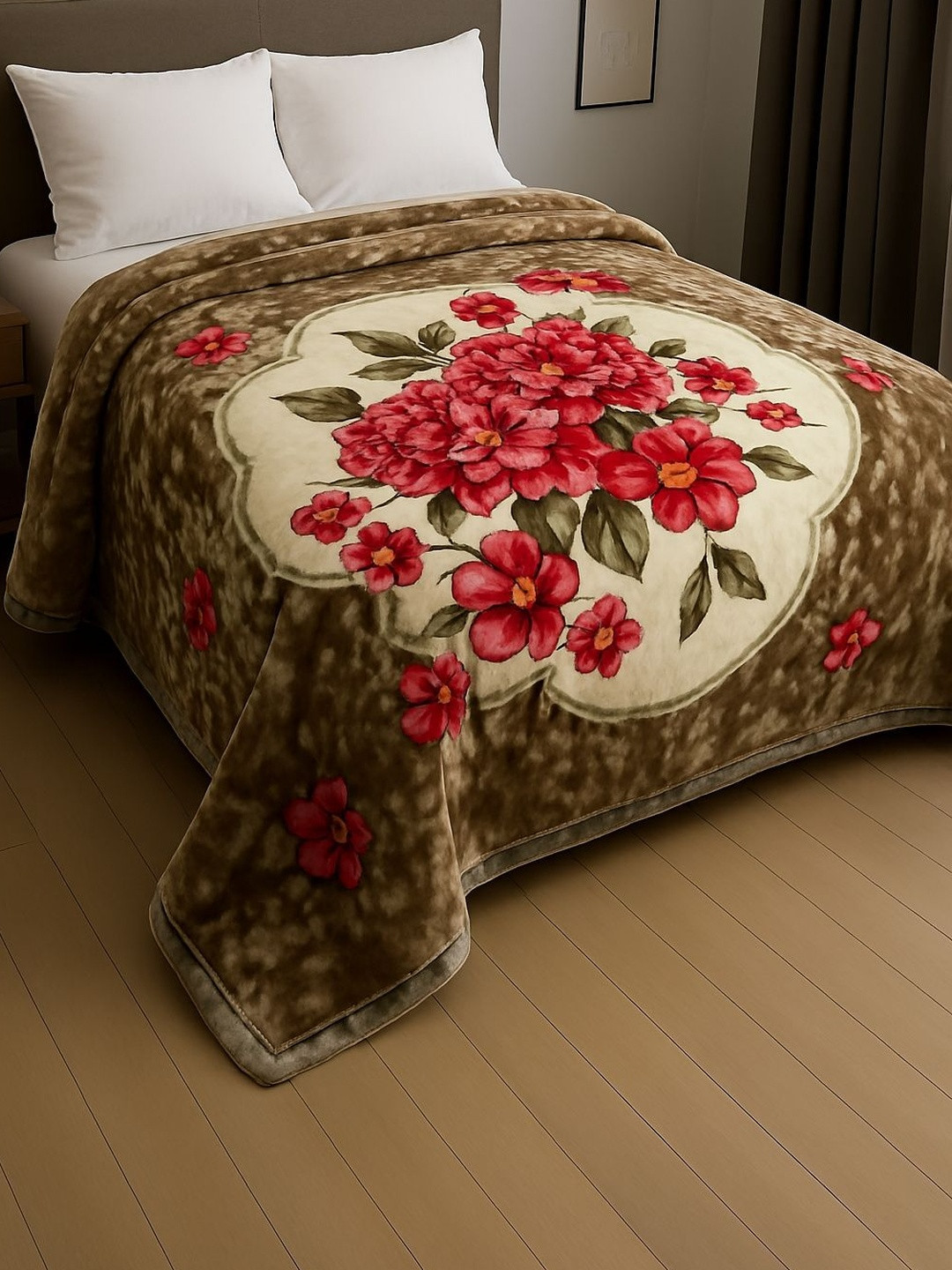 Signature Olive Green & Olive Green Floral Heavy Winter Double Bed Blanket