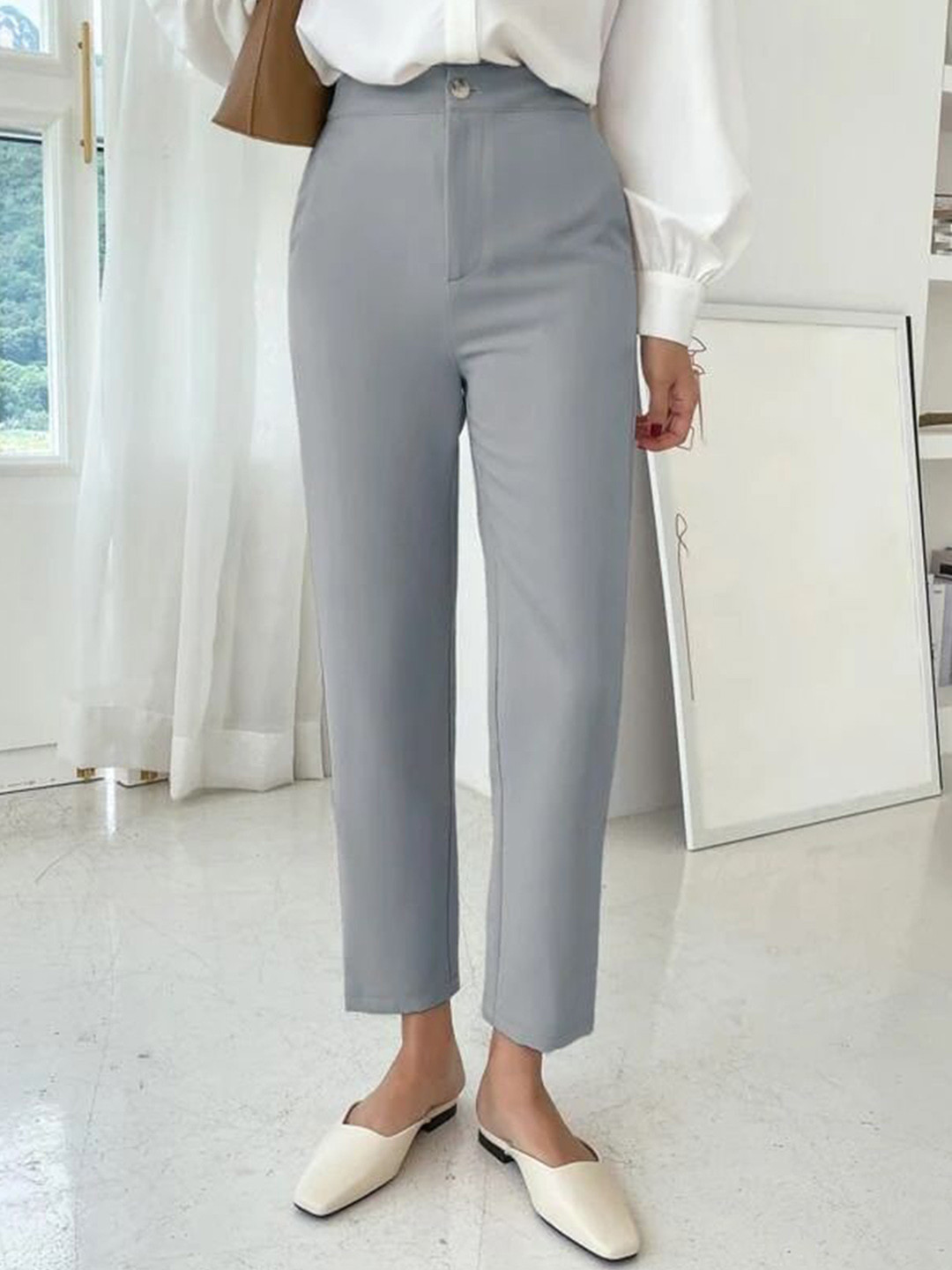 FNOCKS Women Relaxed Straight Leg High-Rise Formal Trousers