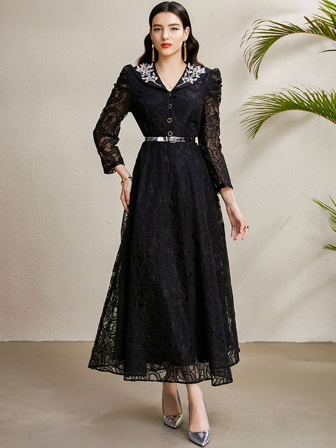 JC Collection Women Ethnic Motifs Sequined Lace Frills Puff Sleeve Fit & Flare Midi Dress