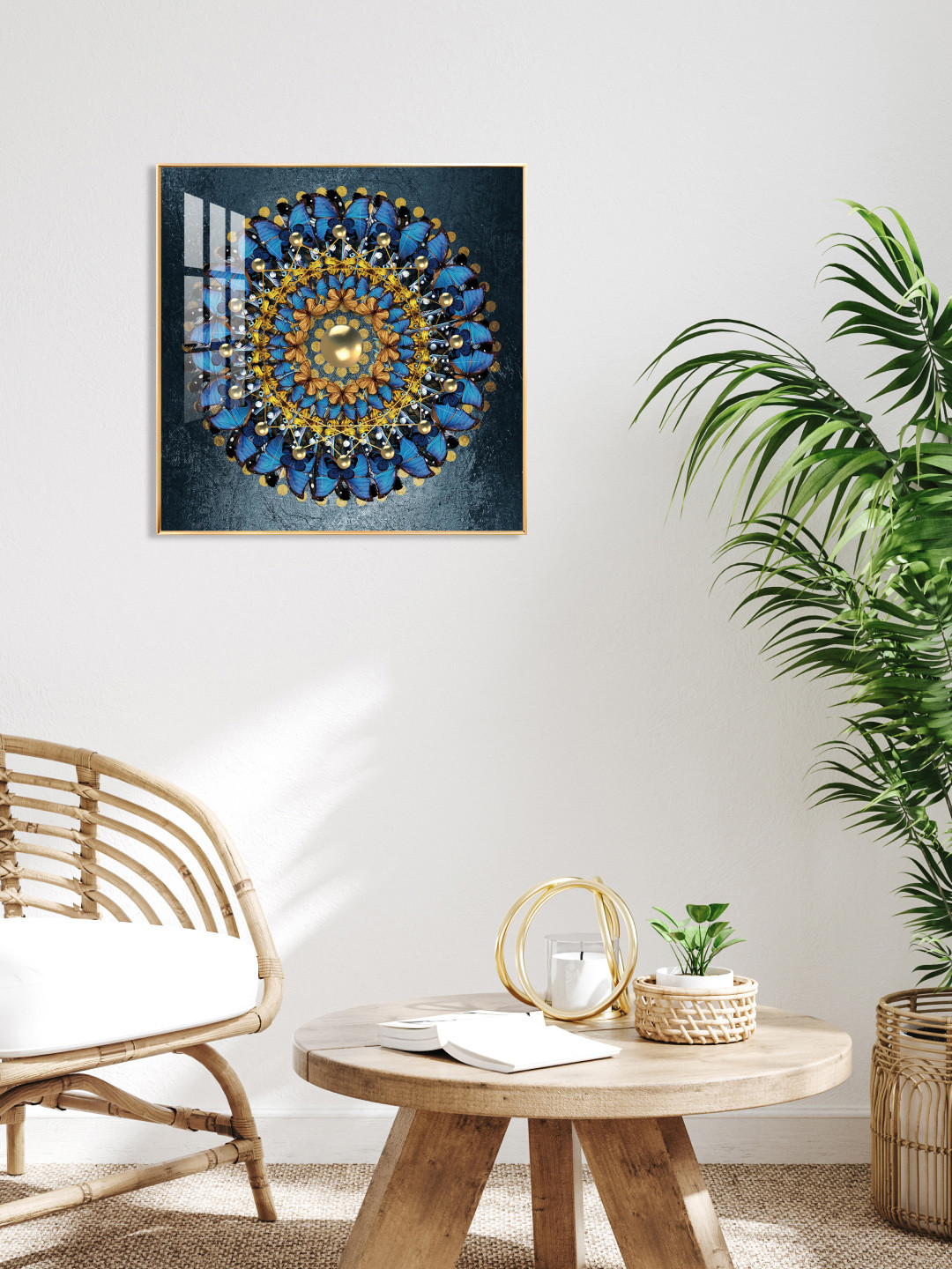 THE NEXT DECOR Gold-Toned & Blue Bloom Glass Finish Square Wall Art