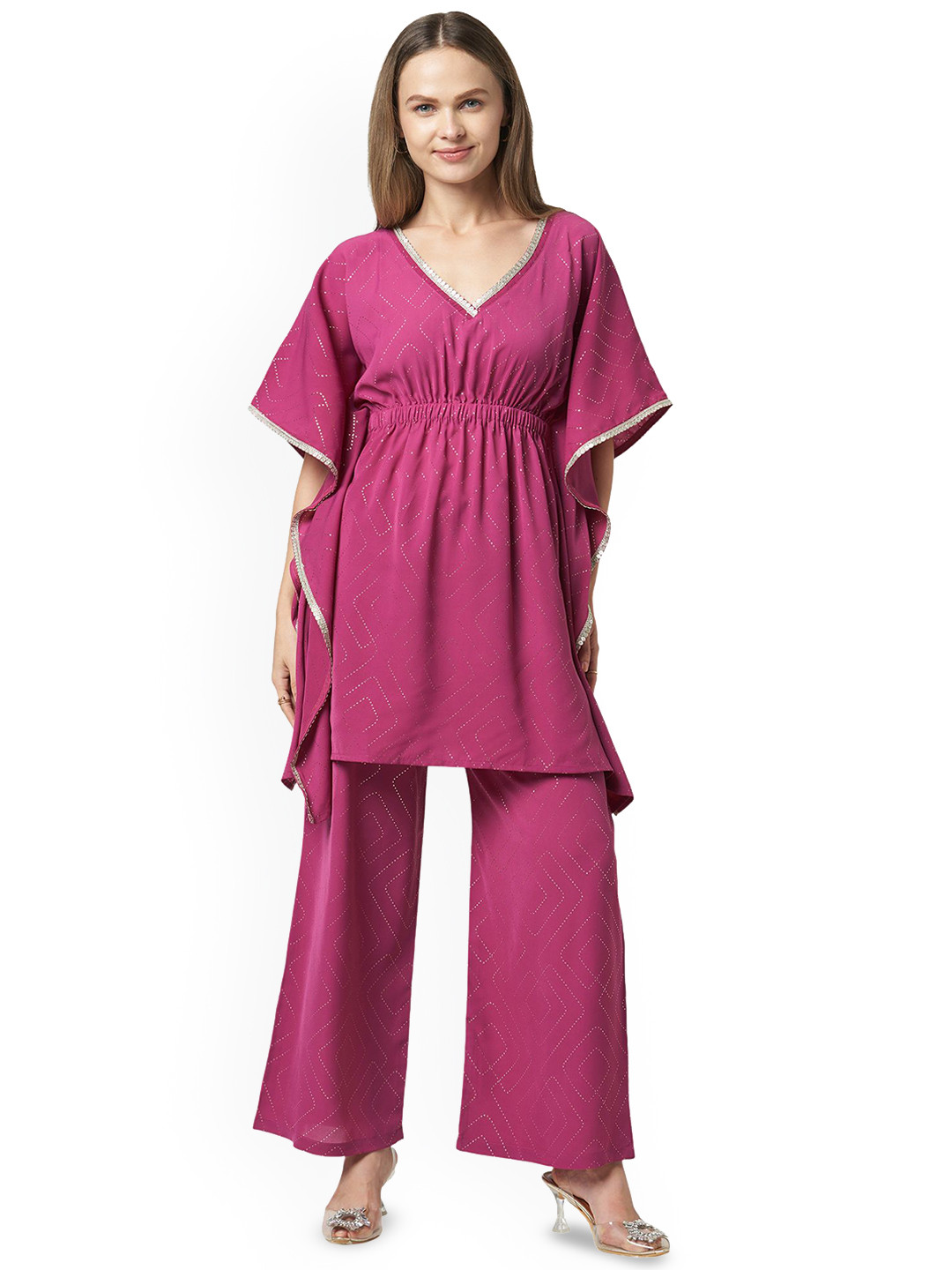 G0-4 IT Self Design V-Neck Kaftan Tunic With Trousers