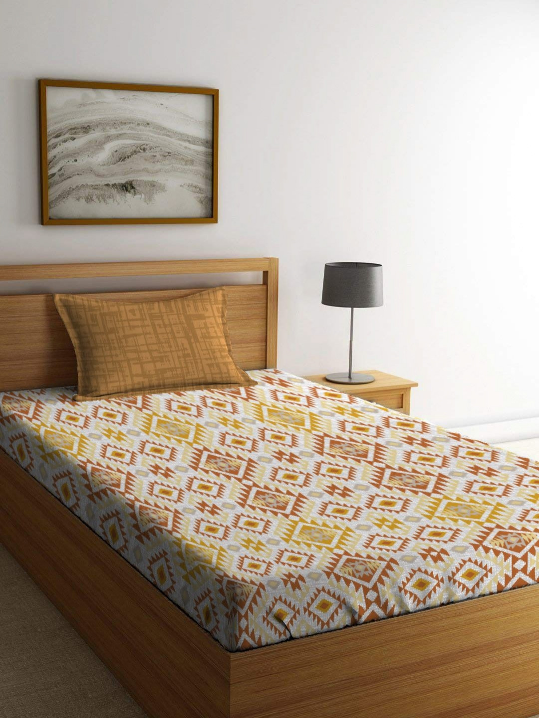 MYTRIDENT Urban Comfort Yellow Printed Pure Cotton 144 TC Single Bedsheet Set 2.28 x 1.52m
