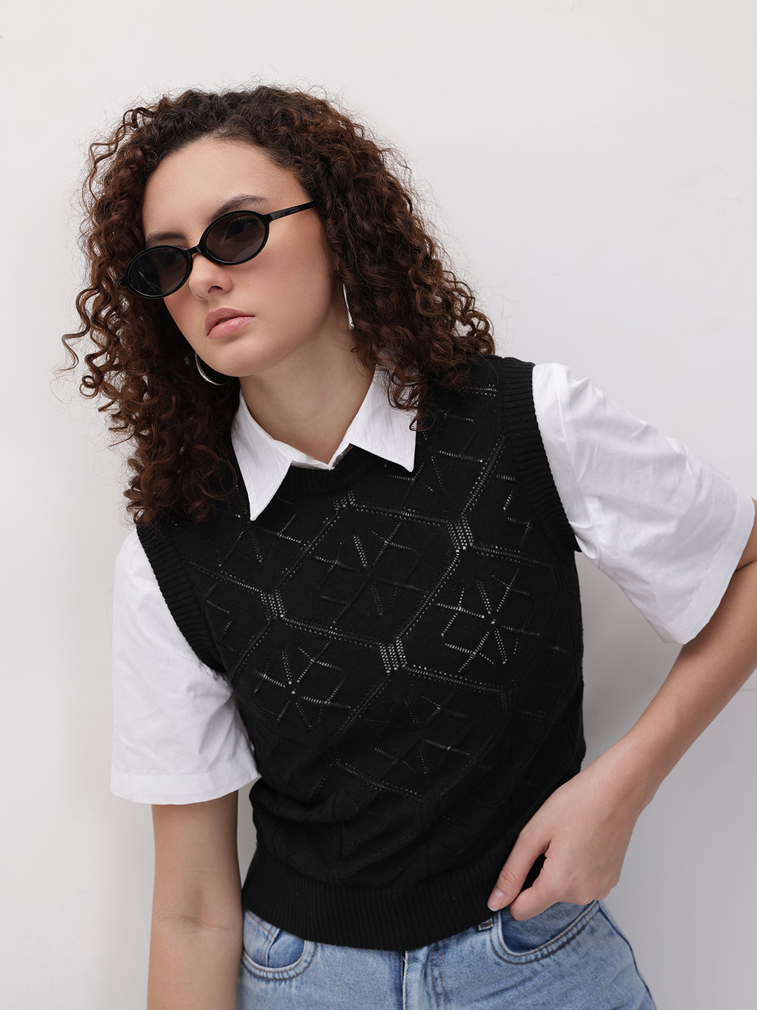 The Roadster Life Co. Geometric Self Design Open Knit Round Neck Regular Top