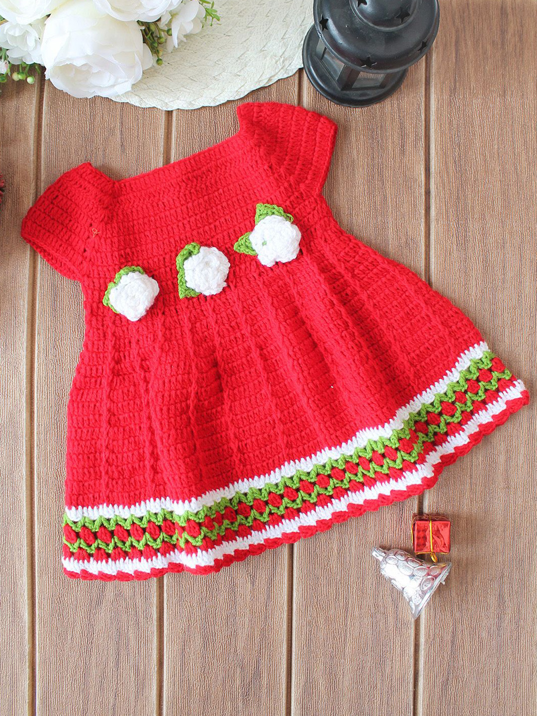 Woonie Girls Self Design Square Neck Fit & Flare Knee Length Dress With Applique