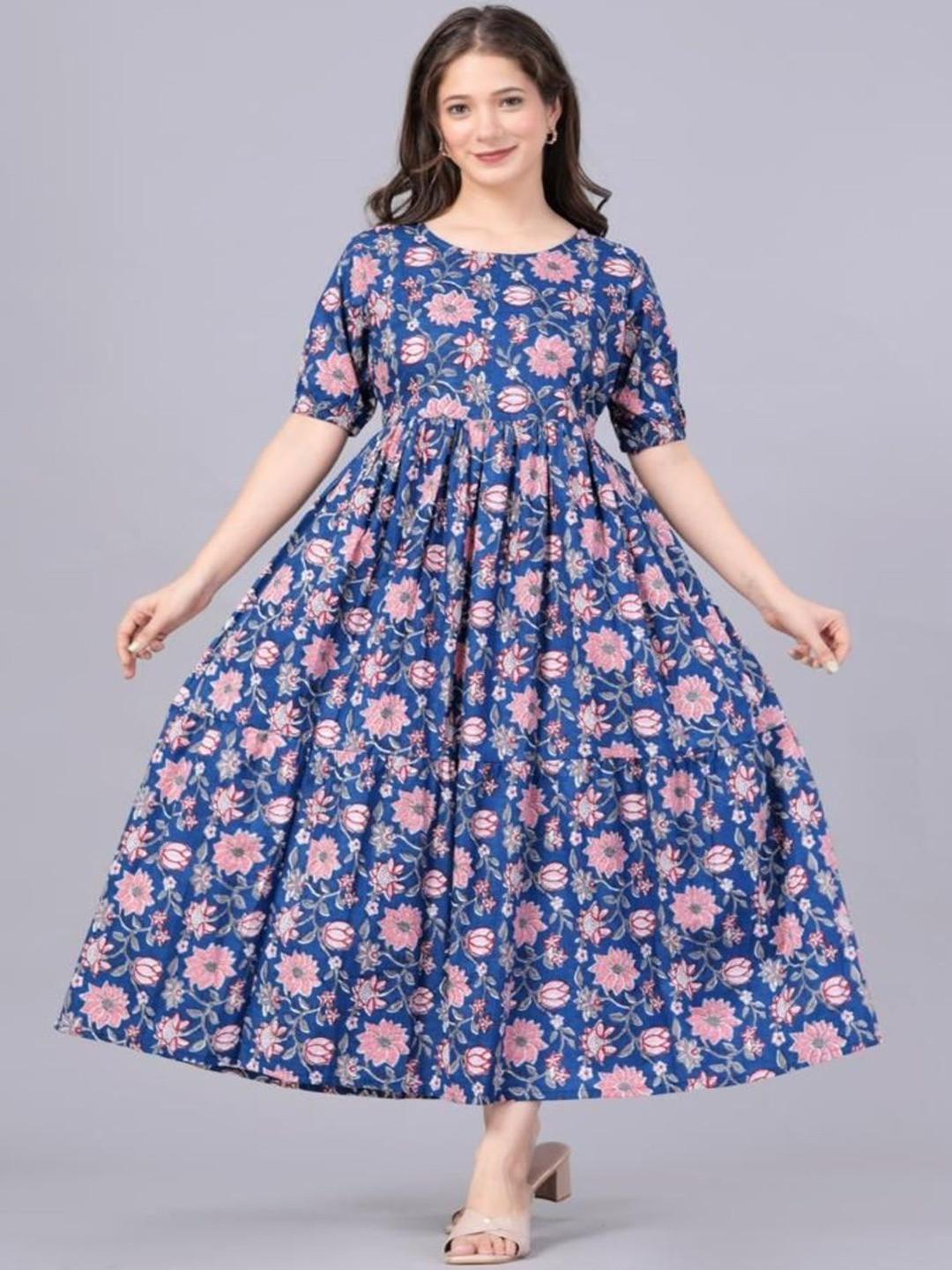 TEESHA Floral Print Short Sleeves Fit & Flare Midi Dress