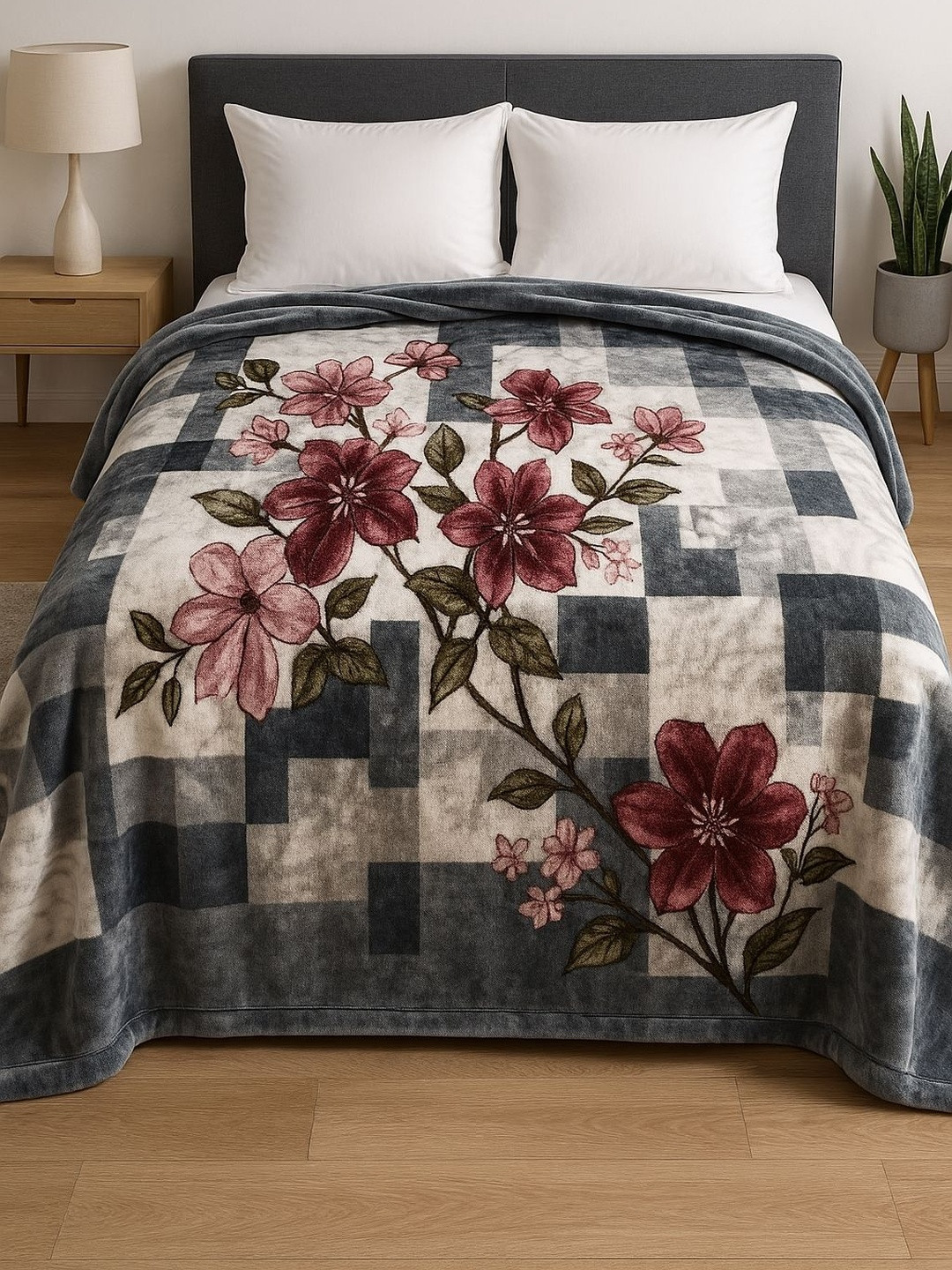 Signature Grey Floral Cotton 210 GSM Heavy Winter Double Bedsheet with 2 Pillow Covers