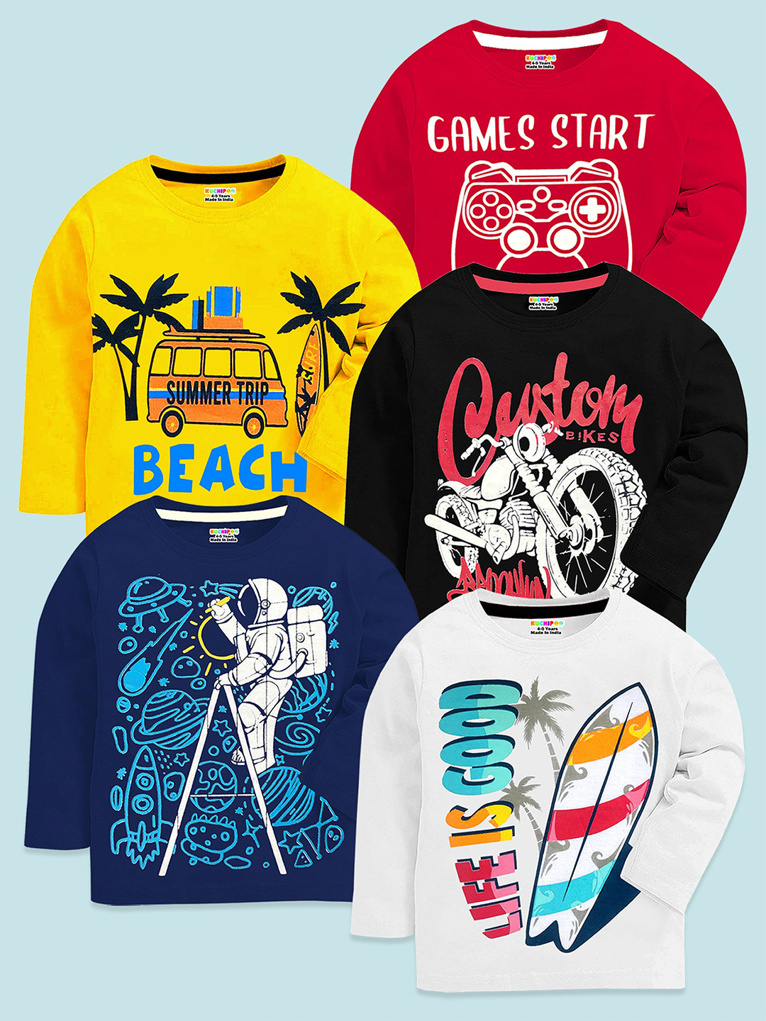 KUCHIPOO Boys Pack of 5 Regular Fit Full Sleeves Cotton Printed T-Shirts