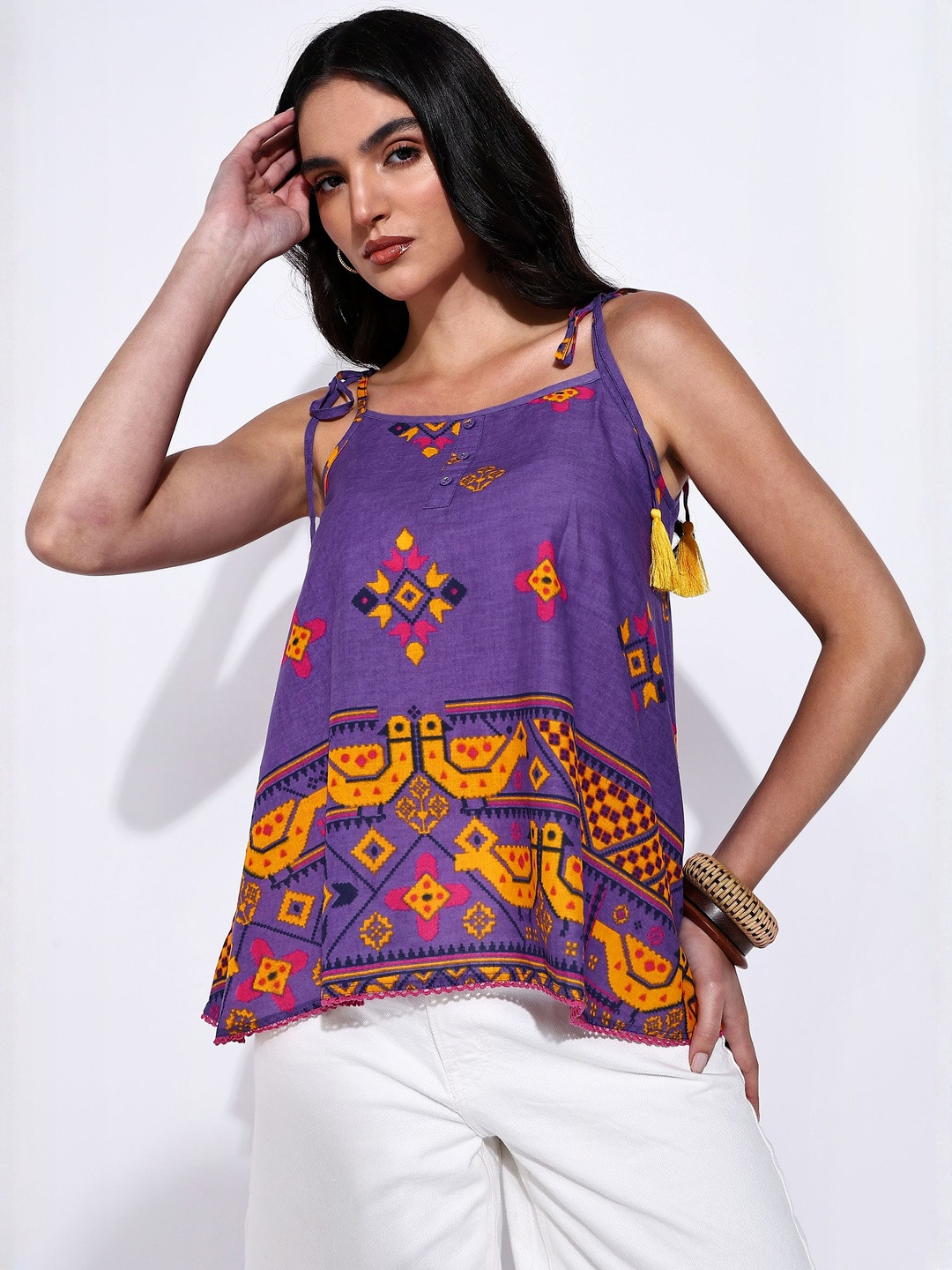 HERE&NOW Women Geometric Printed Shoulder Straps Cotton Printed A-Line Tops