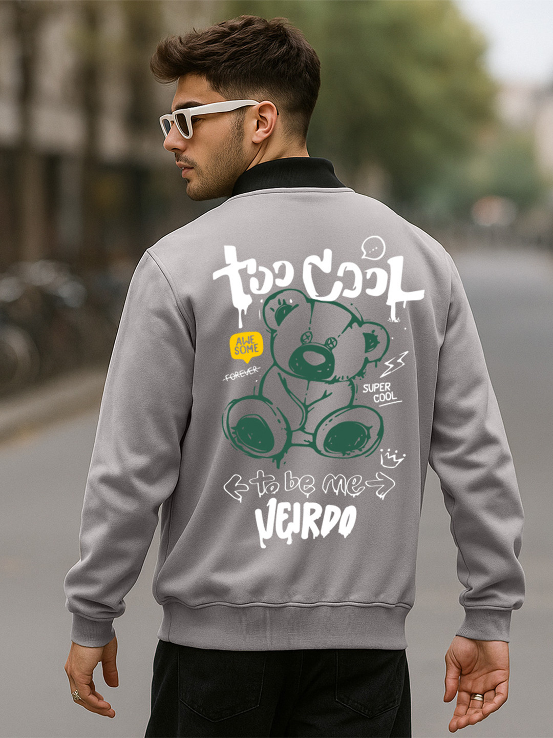 VEIRDO Grey Graphic Printed Fleece Lightweight Bomber Jacket