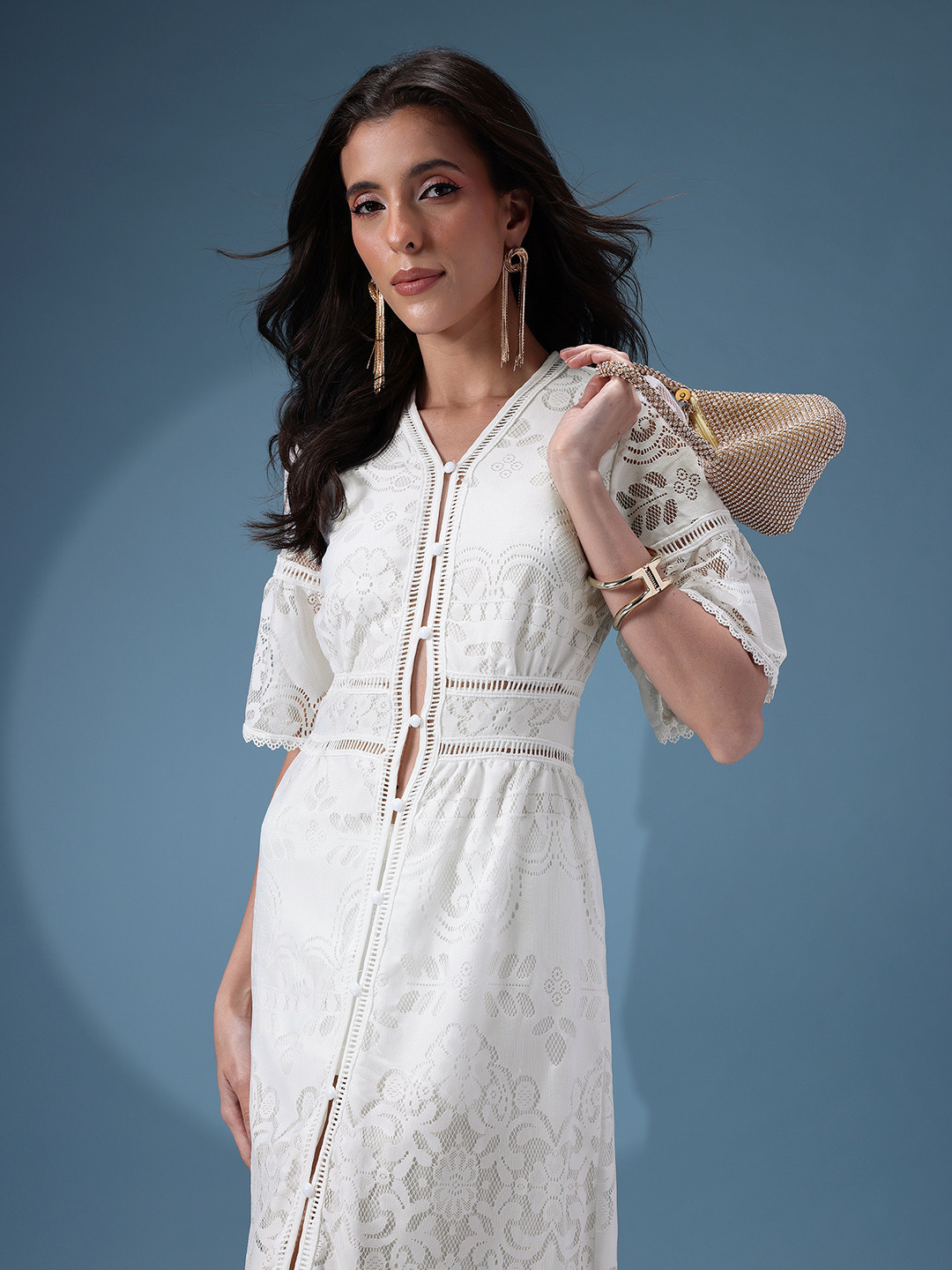 bebe Floral Self-Design Bell Sleeves Lace Inserts Button-Down Maxi A-Line Dress