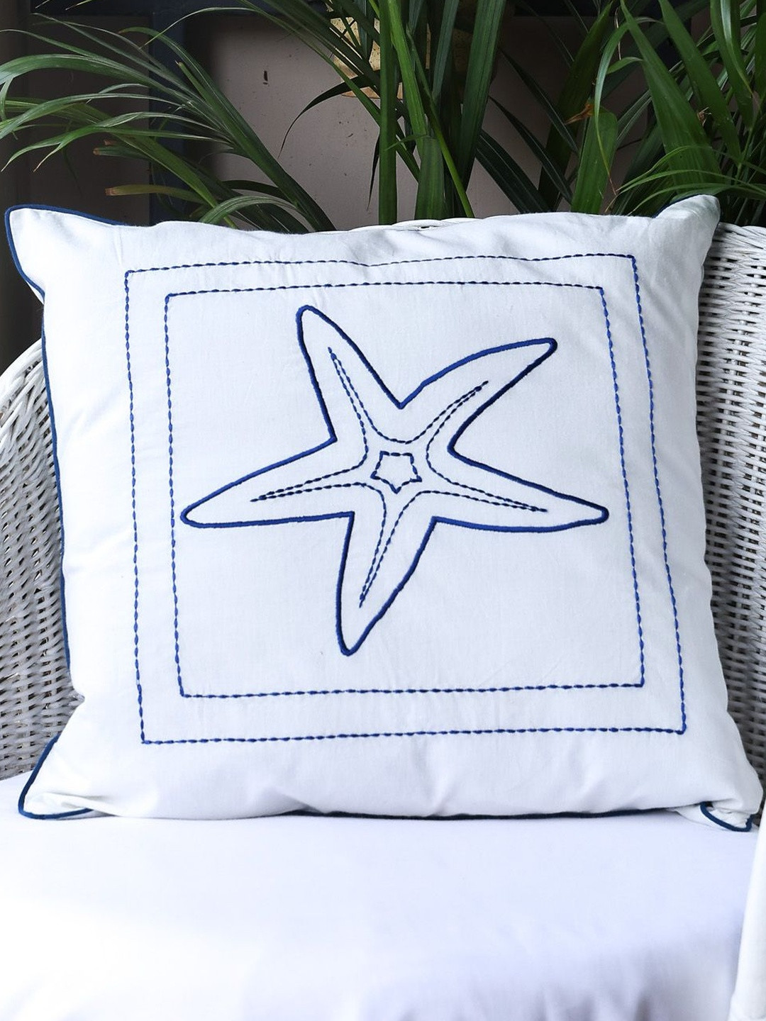 Sangria Coastal Calm Embroidered Cotton Square Cushion Cover