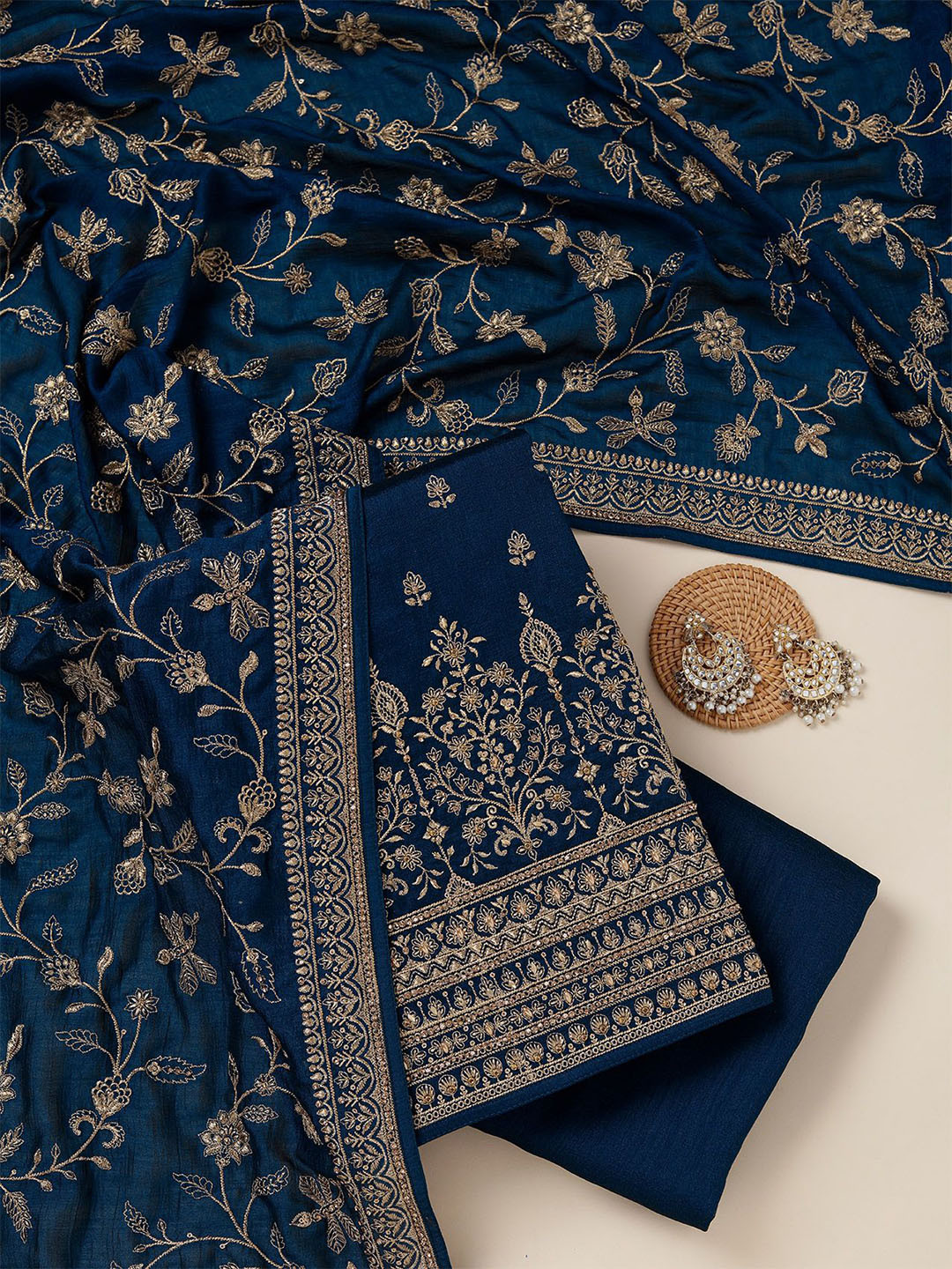 Koskii Embroidered Thread Work Raw Silk Unstitched Dress Material