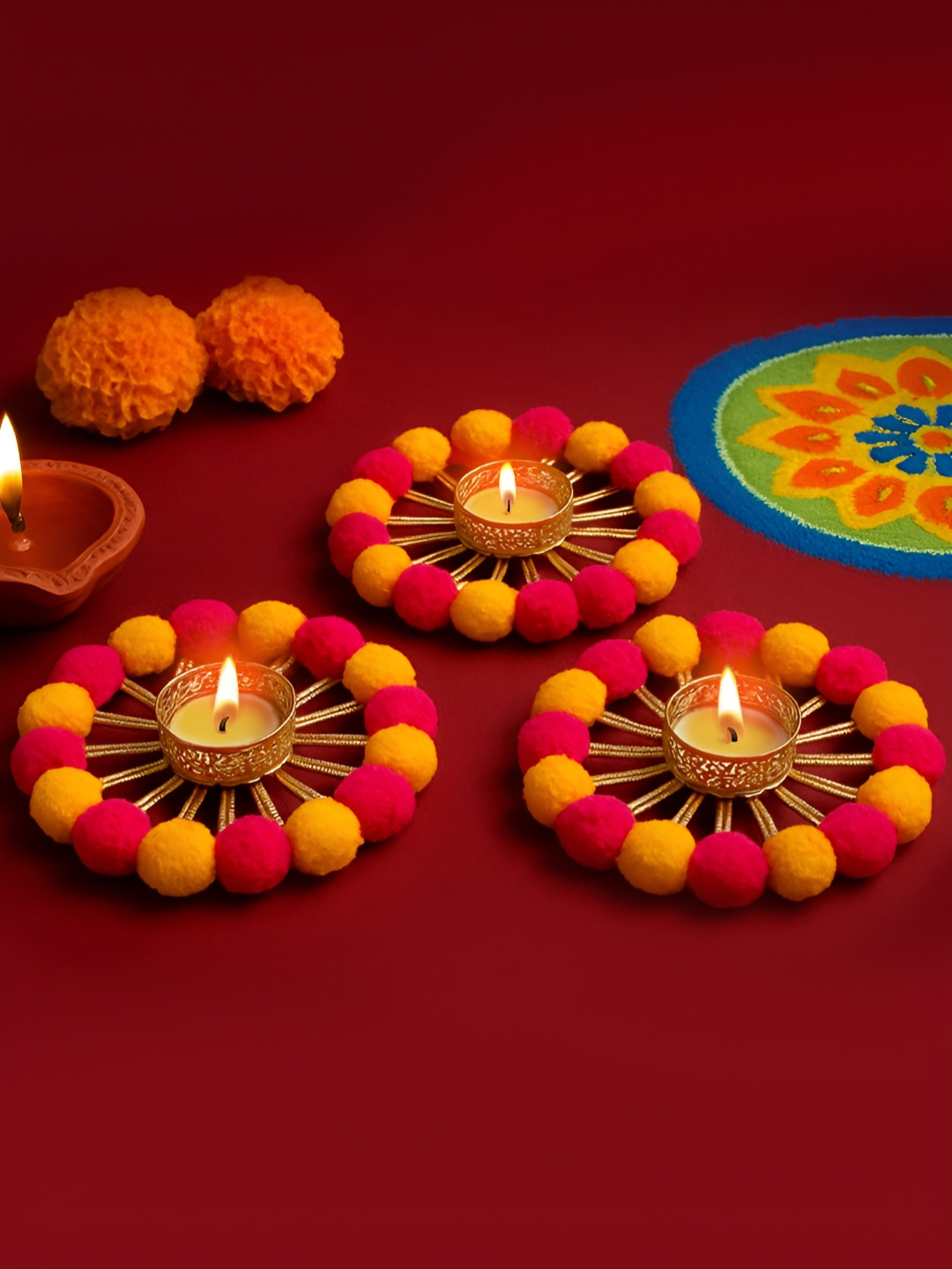 TIED RIBBONS Yellow & Pink 3 Pieces Candle Holders