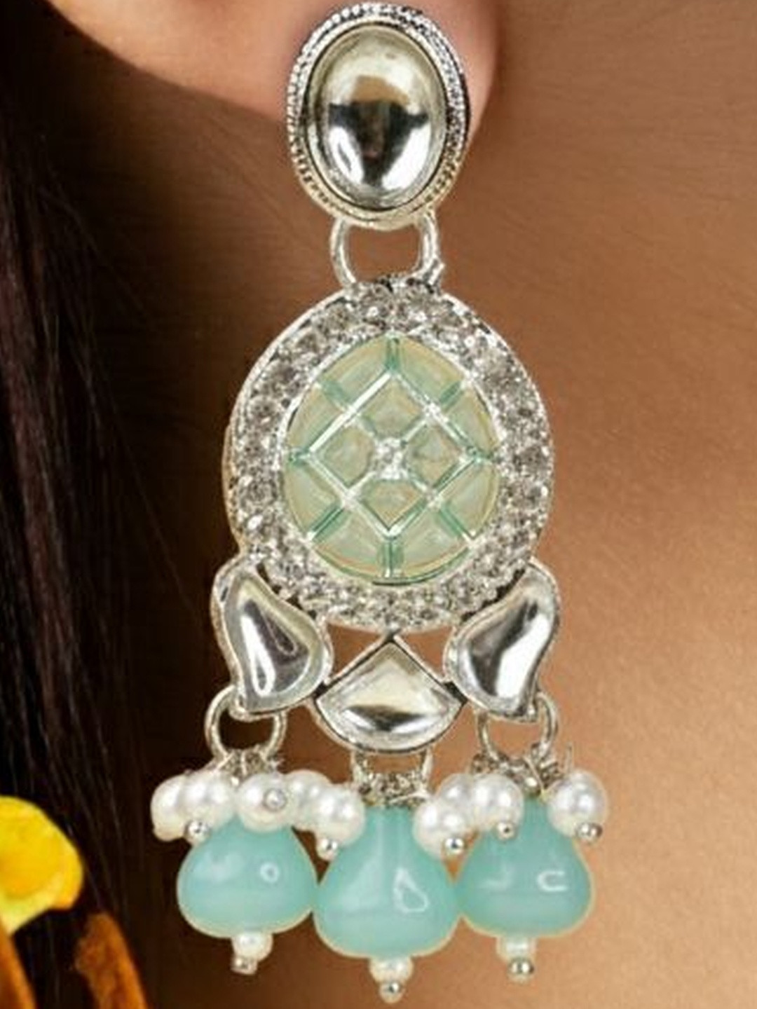 ASIDEA Women Circular Silver-Plated Kundan Drop Earrings