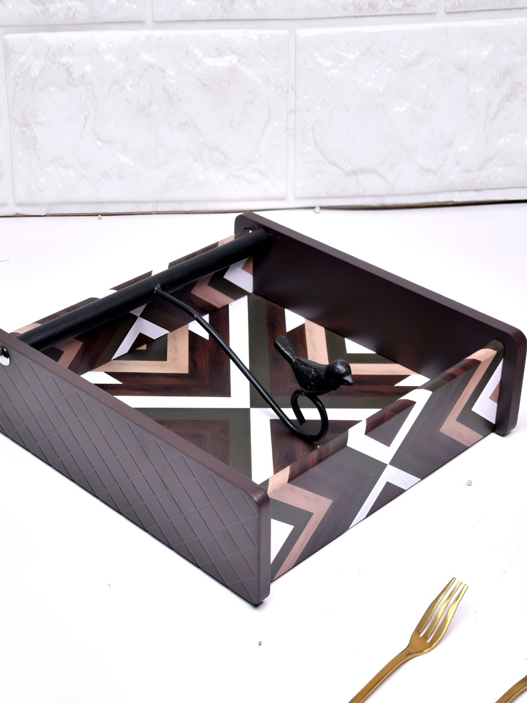Home Sparkle Brown & Off White Printed Wooden Tissue Holder