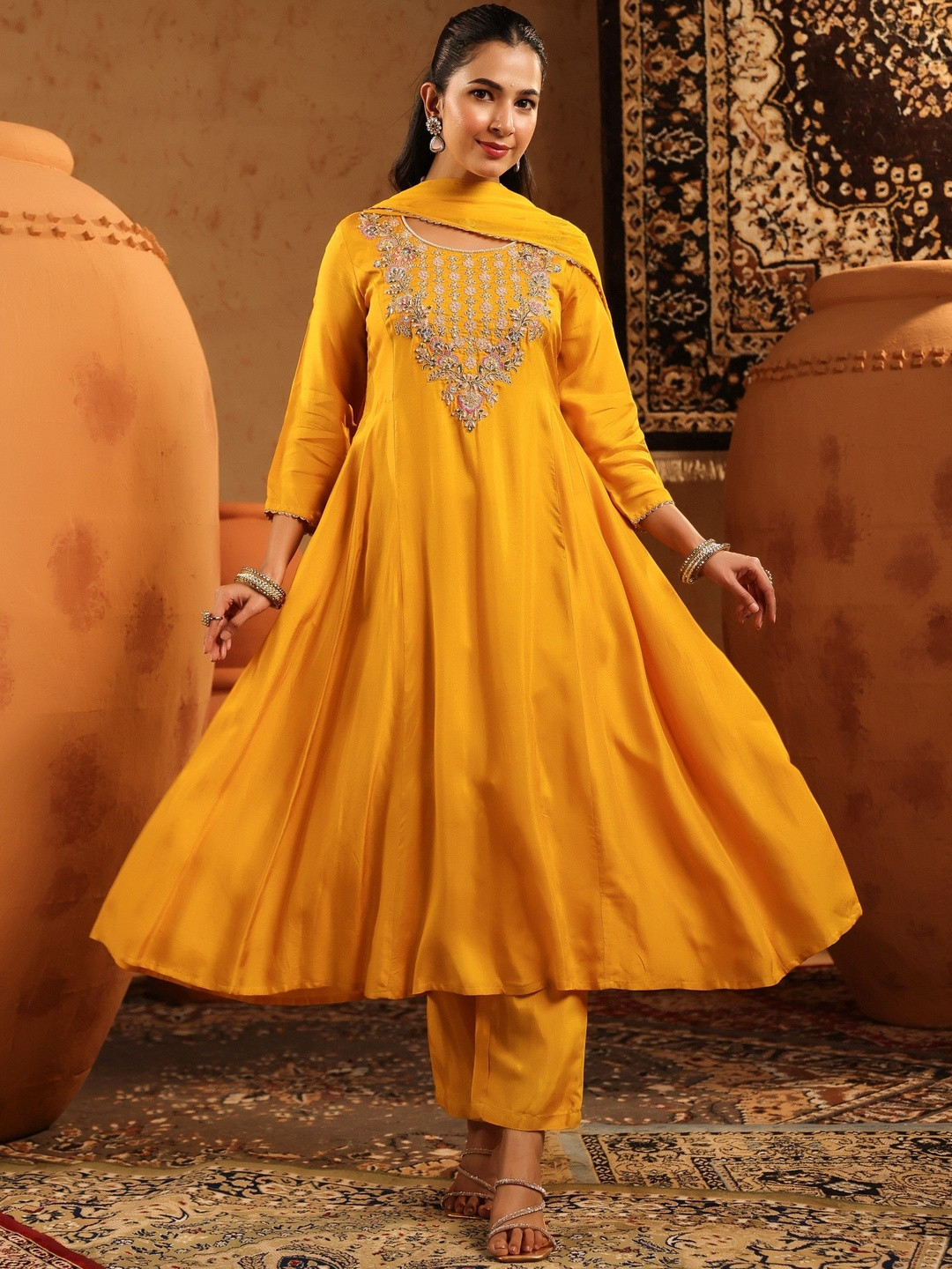 SCAKHI Women Mustard Silk Embroidered-Handwork Anarkali Suit Set