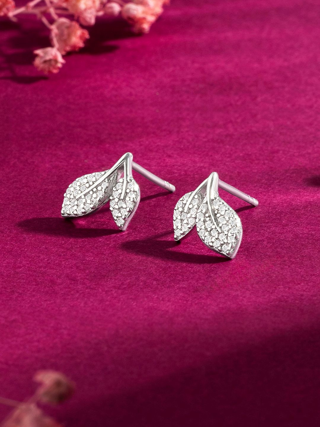 Zavya 925 Sterling Silver Rhodium Plated Cubic Zirconia Studded Whispering Leaves Studs